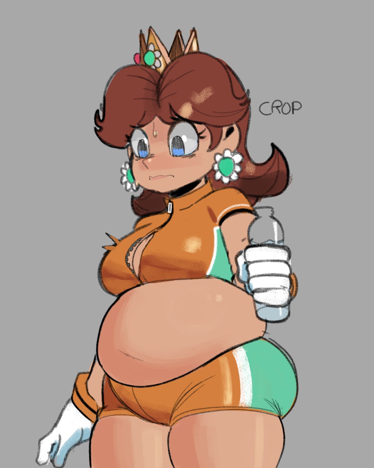 ass belly big_ass big_belly big_butt blue_eyes blush breasts broken_zipper brown_hair chubby earrings embarrassed exercise_clothing fat gloves justdavefnd looking_down mario_(series) mario_strikers nervous nintendo princess_daisy shorts sportswear thick_thighs thighs tiara tight_clothing water_bottle zipper