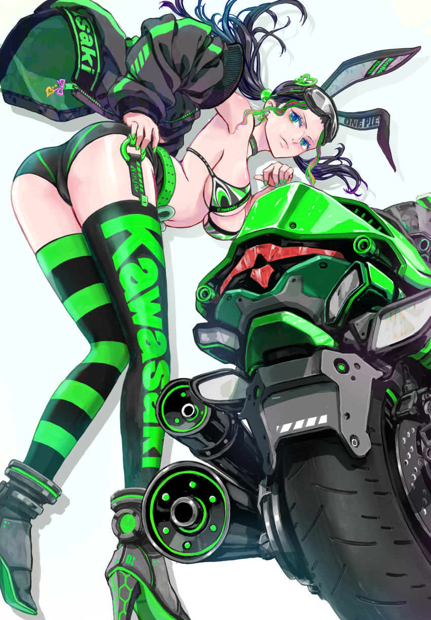 1girls, artist request, bending forward, black bra, black hair, black-haired female, bunny ears, bunny girl, eyewear on head, female, female only, motorcycle, nico robin, one piece, short shorts
