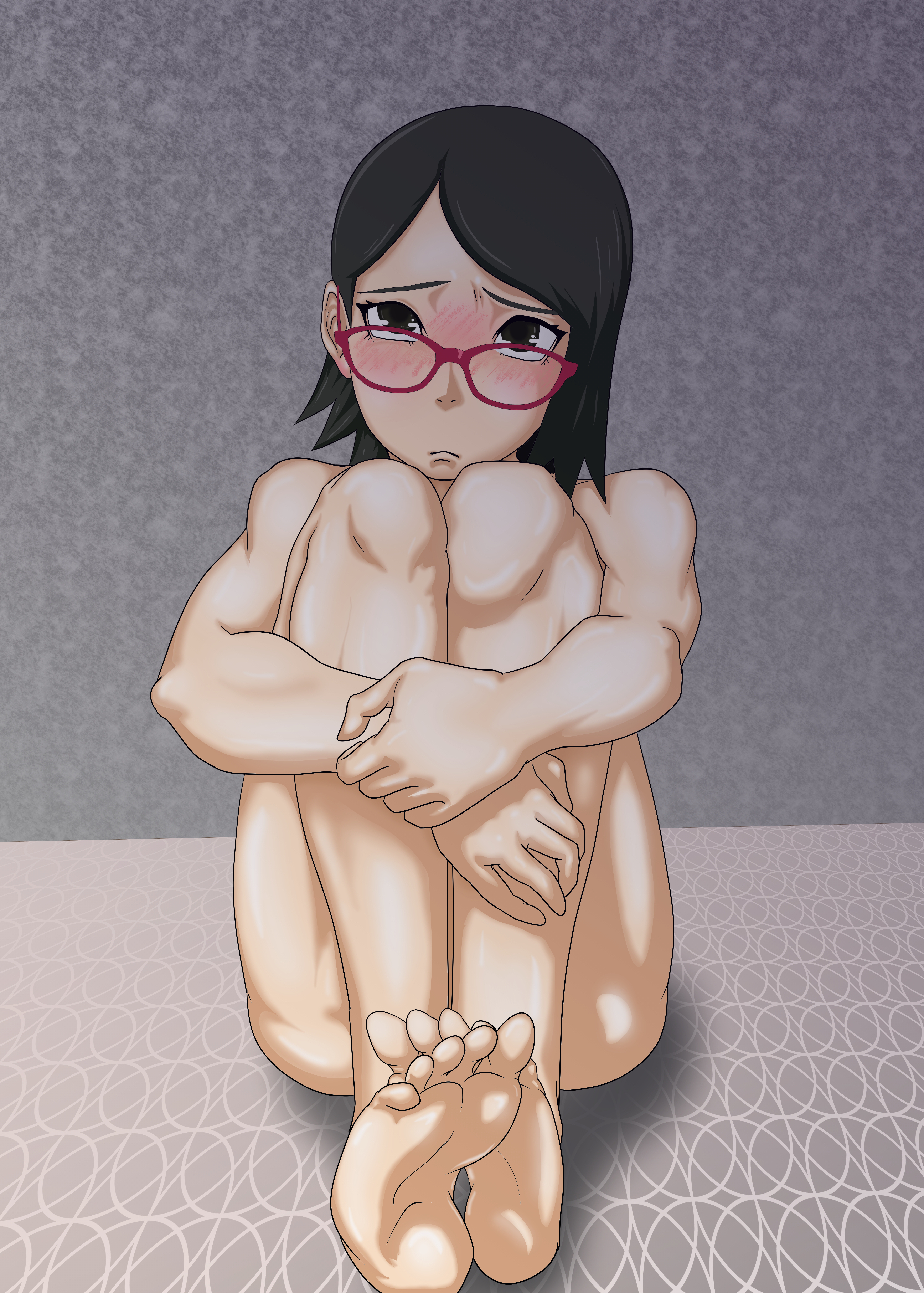 1girls, artist request, ass, barefoot, black eyes, black hair, blush, boruto: naruto next generations, completely naked, completely nude, feet, feet together, female, female only, foot fetish, foot focus, frown, glasses, knees up, legs together, light skin, light-skinned female, naked, naruto, naruto (series), nose blush, nude, nude female, petite, pinup, sarada uchiha, short hair, shounen jump, sitting, soles, solo, teenager, thighs, toes