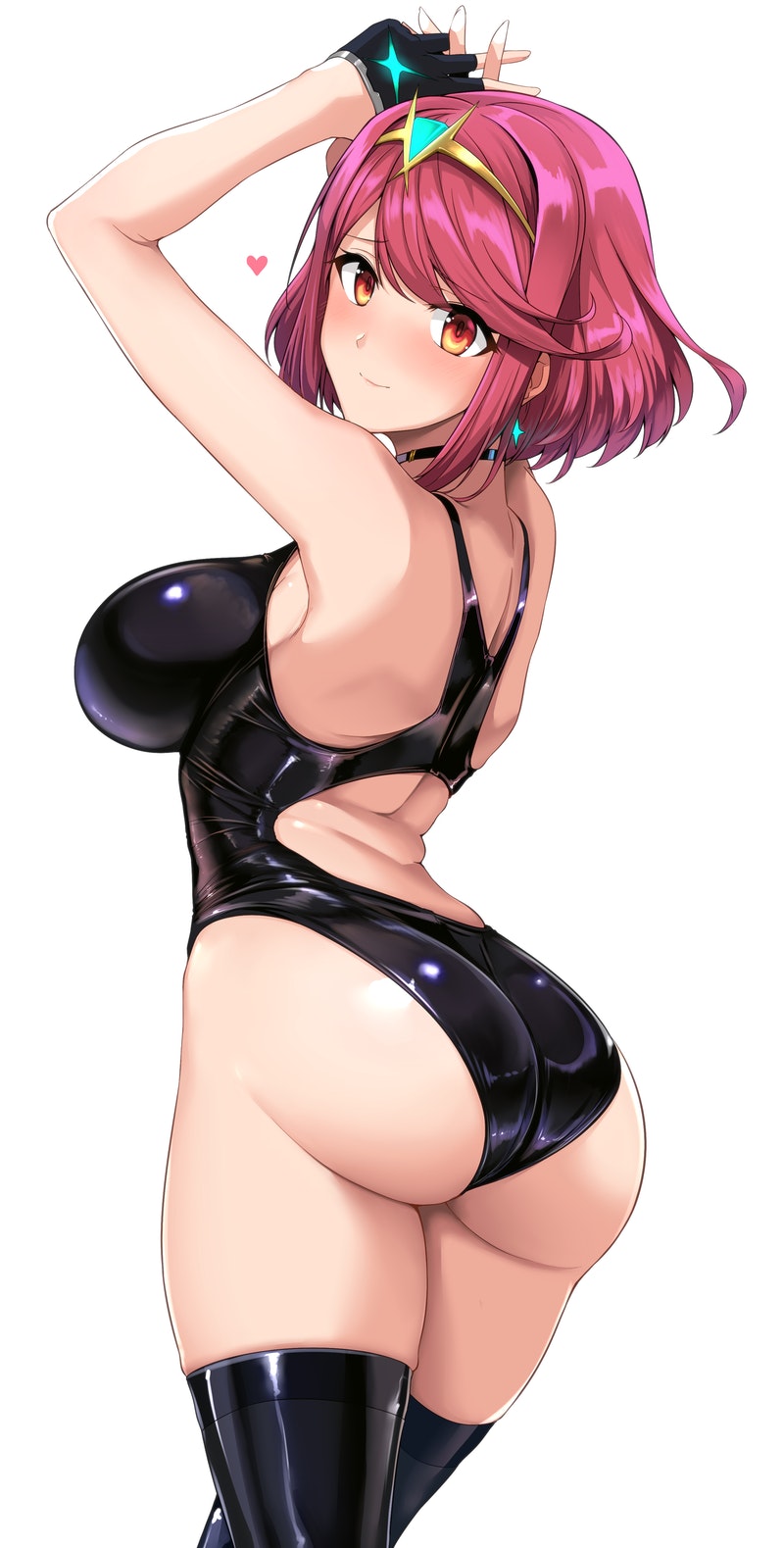 1girls 2021 alternate_version_available ass ass_focus bangs big_ass black_clothing black_swimsuit blush breasts choker earrings female female_focus female_only hair_ornament halcon harukon_(halcon) hips huge_breasts large_breasts latex long_legs nintendo one-piece_swimsuit pyra red_eyes red_hair short_hair sideboob simple_background slim_waist smile swept_bangs thick_thighs thighhighs thighs tiara tight_fit white_background wide_hips xenoblade_(series) xenoblade_chronicles_2 zoomed_view