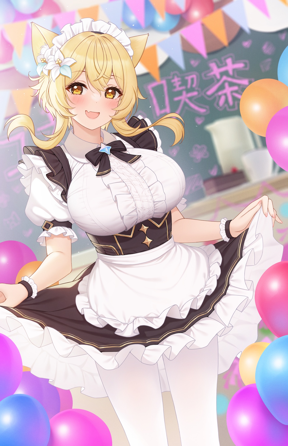 cat ears, female, fukuro ko (greentea), genshin impact, lumine (genshin impact), maid uniform, skirt lift