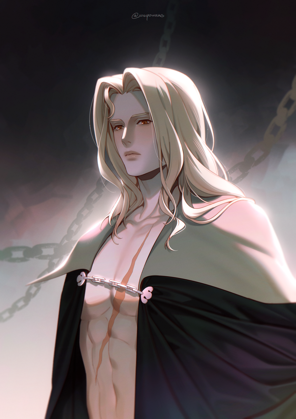 abs, alucard (castlevania), androgynous, artistic, bare chest, bishonen, blonde hair, brown eyes, castlevania, castlevania (netflix), cloak, cloak only, clothed, dhampir, femboy, high collar, long blonde hair, long hair, long-haired male, male, male focus, male only, red eyes, scar, scar on chest, scars, solo, twunk, vampire, weyowang