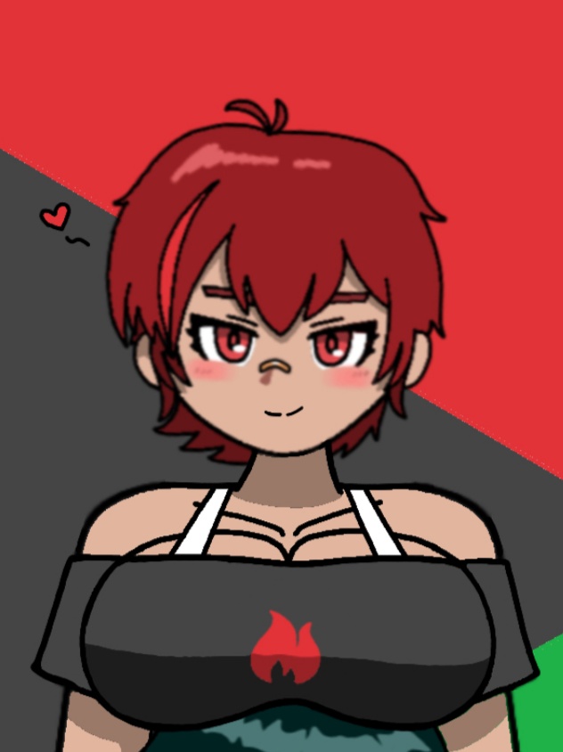 alternate_version_available ara_ara bandage_on_nose big_breasts blush blush_stickers bra_strap cute dark-skinned_female dark_red_hair heart huge_breasts jun_hyun_soo_(writers_crusaders) looking_at_viewer off_screen_character red_eyes red_hair seductive seductive_smile short_hair solo_focus tanned_skin tomboy wcjuan writers_crusaders