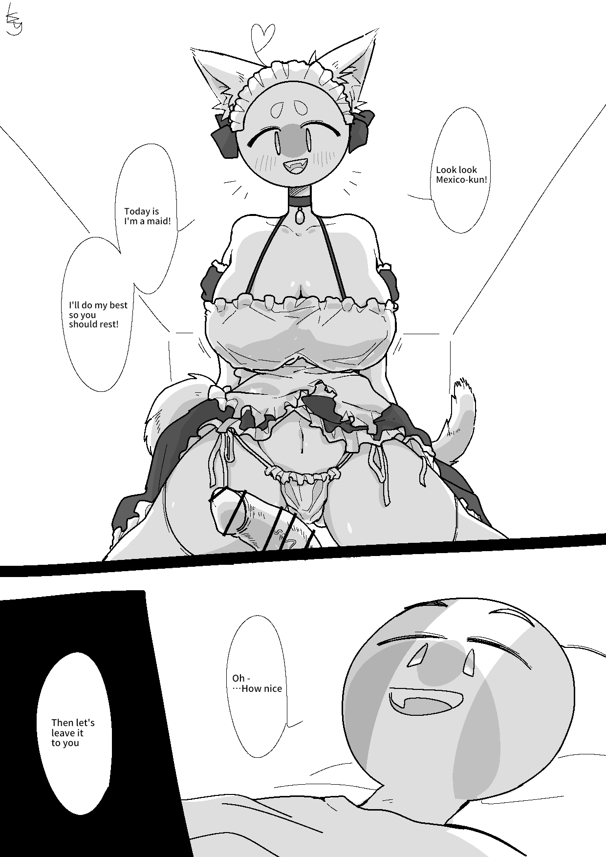 cat ears, cat tail, censored, comic page, countryhumans, countryhumans girl, female, japan (countryhumans), kuzuyu (artist), maid uniform, mexico (countryhumans), tagme, translated, white background
