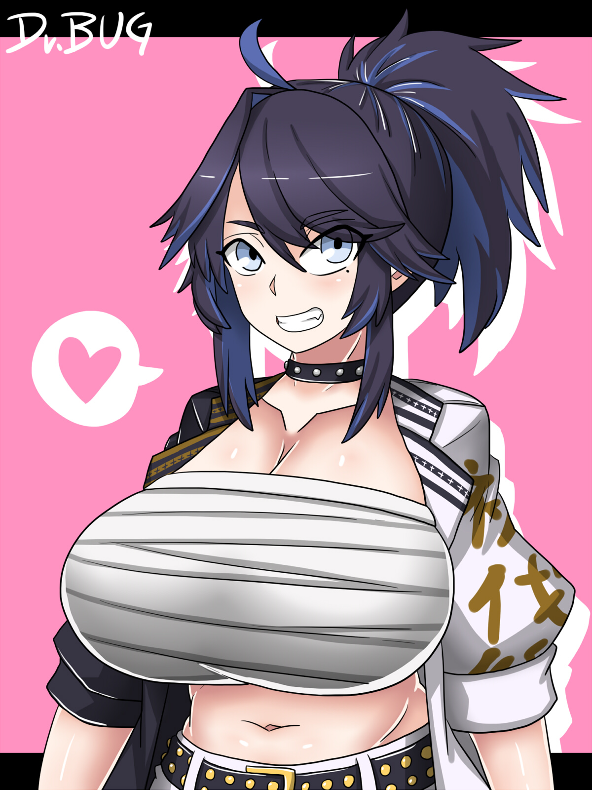 1girls, ahoge, belly button, belt, big breasts, black hair, blue streaks, breasts, collar, dr.bug, eyebrows visible through hair, female, female focus, female only, heart, huge breasts, indie virtual youtuber, jacket, kson onair, light blue eyes, light skin, light-skinned female, mole under eye, pink background, sarashi, upper body, virtual youtuber, vshojo, youtube, youtuber