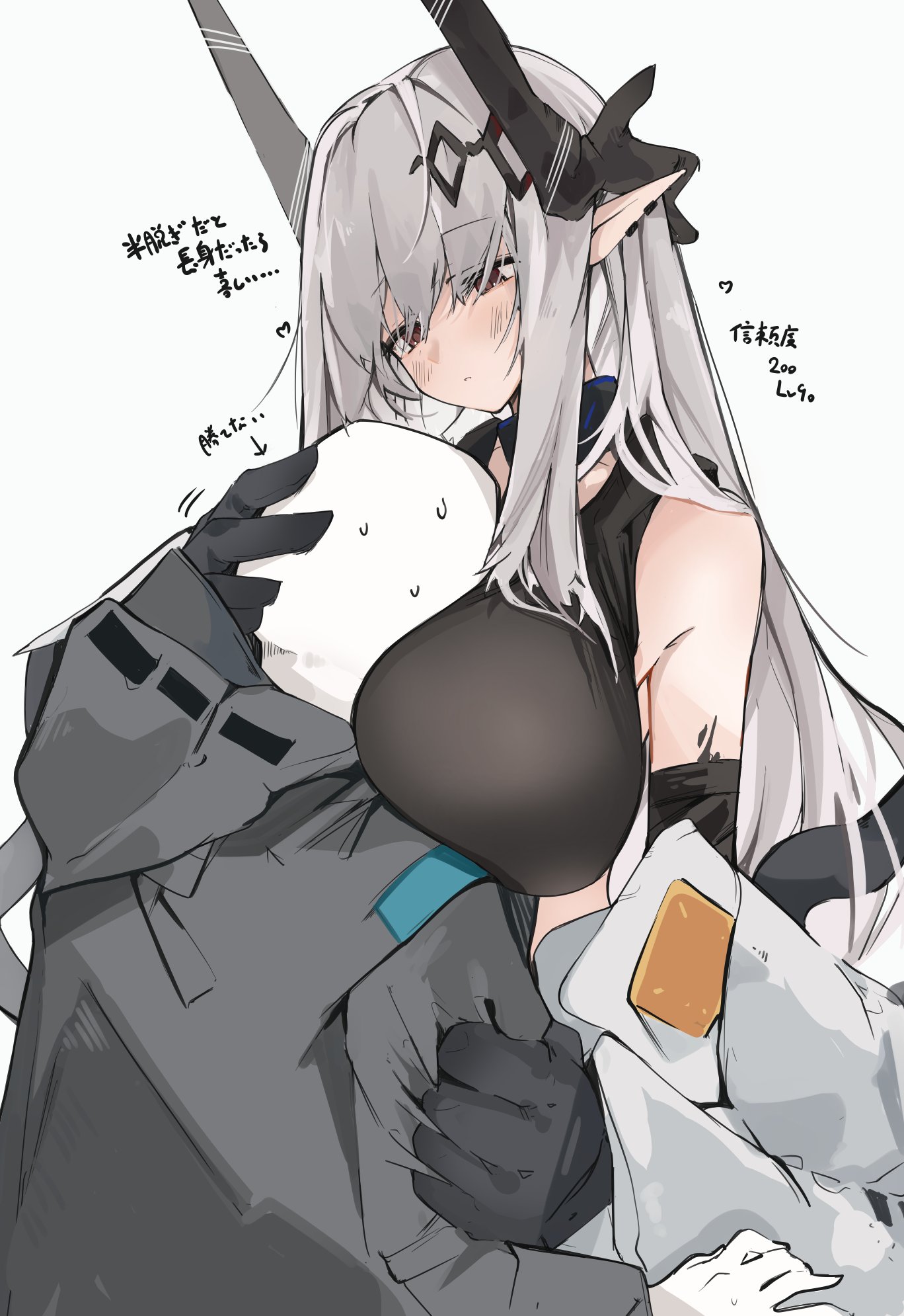 1girls, arknights, breasts, doctor, face between breasts, female, femdom, gentle femdom, grey hair, horn, hug, huge breasts, mikozin, mudrock (arknights), tagme, tank top, white background, wholesome