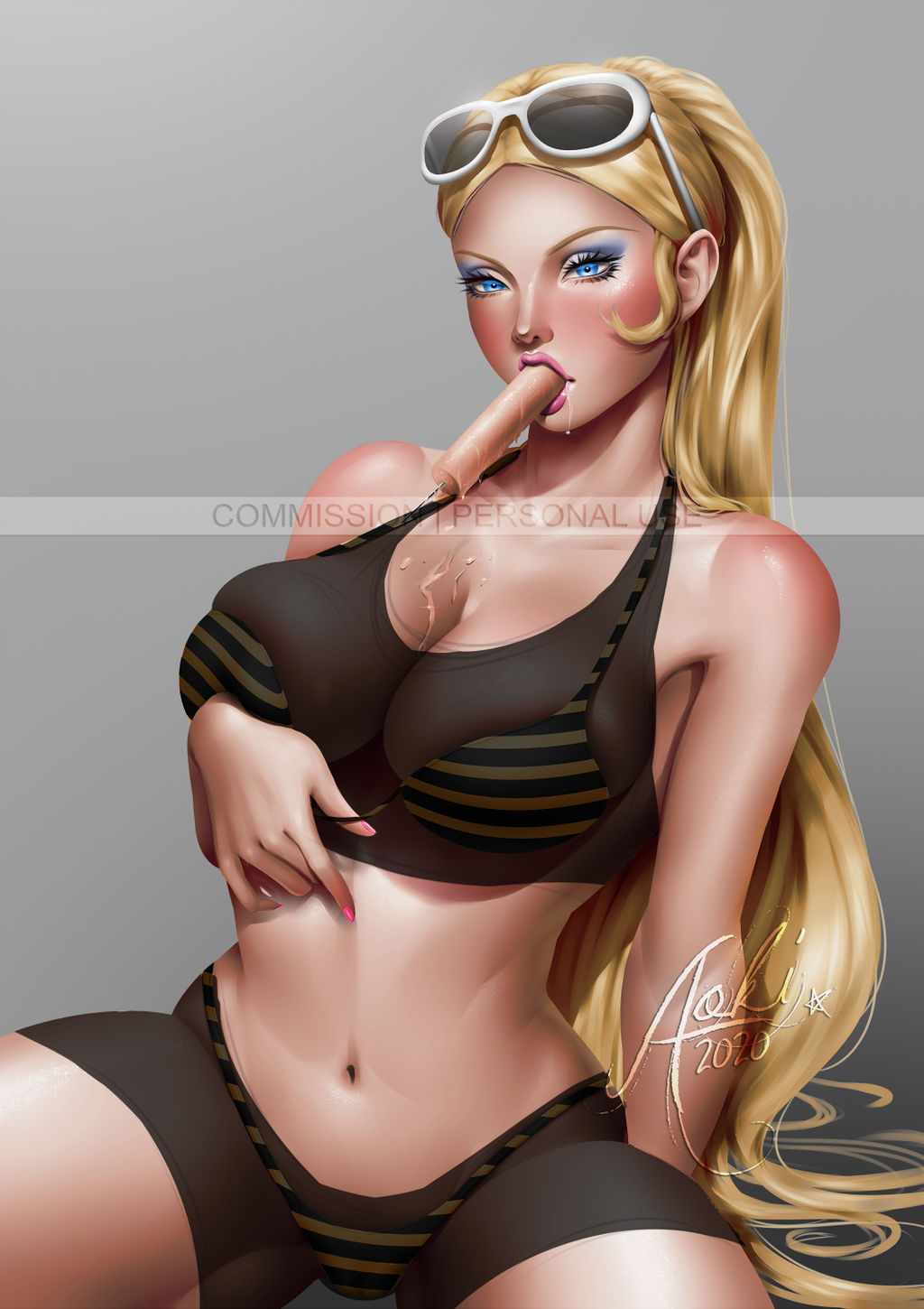 abdomen, aged up, aokiartwork, belly, belly button, big breasts, bikini, blonde hair, blue eyes, breasts, chloe bourgeois, female, female only, hips, ice cream, long hair, melting popsicle, midriff, milf, miraculous ladybug, navel, popsicle, popsicle in mouth, seductive look, solo, stomach, striped bikini, sunglasses, sunglasses on head, thighs