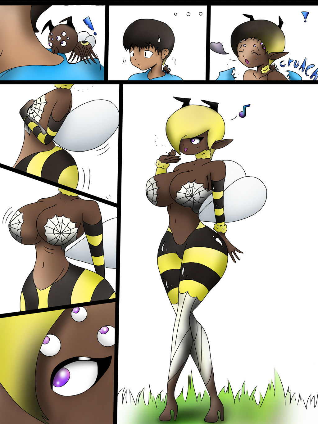 ass_expansion bee bee_girl blonde_hair brainwashing breast_expansion db-palette derpnuggets female gender_transformation hand_on_breast heeled_feet huge_ass huge_breasts human_to_anthro hybrid identity_death mtf_transformation multi_eye pointy_ears ripped_clothing species_transformation spider_girl spider_web spider_web_bra spider_web_stockings takeover thick_thighs transformation wings