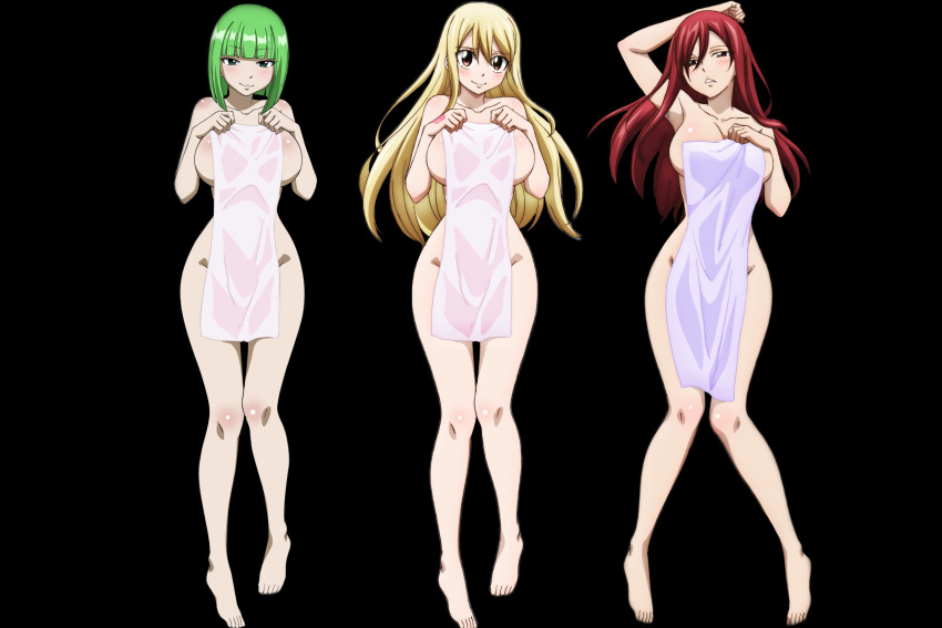 3girls, absurdres, bathing, black background, blonde hair, blonde-haired female, blush, brandish mew, breasts, erza scarlet, fairy tail, fairy tail mark, feet, female, green hair, green-haired female, hand tattoo, highres, large breasts, lucy heartfilia, multiple females, multiple girls, naked towel, nude, pink tattoo, red hair, red-haired female, shared bathing, sideboob, smile, tattoo, tattoo on hand, tattooed hand, towel, towel only