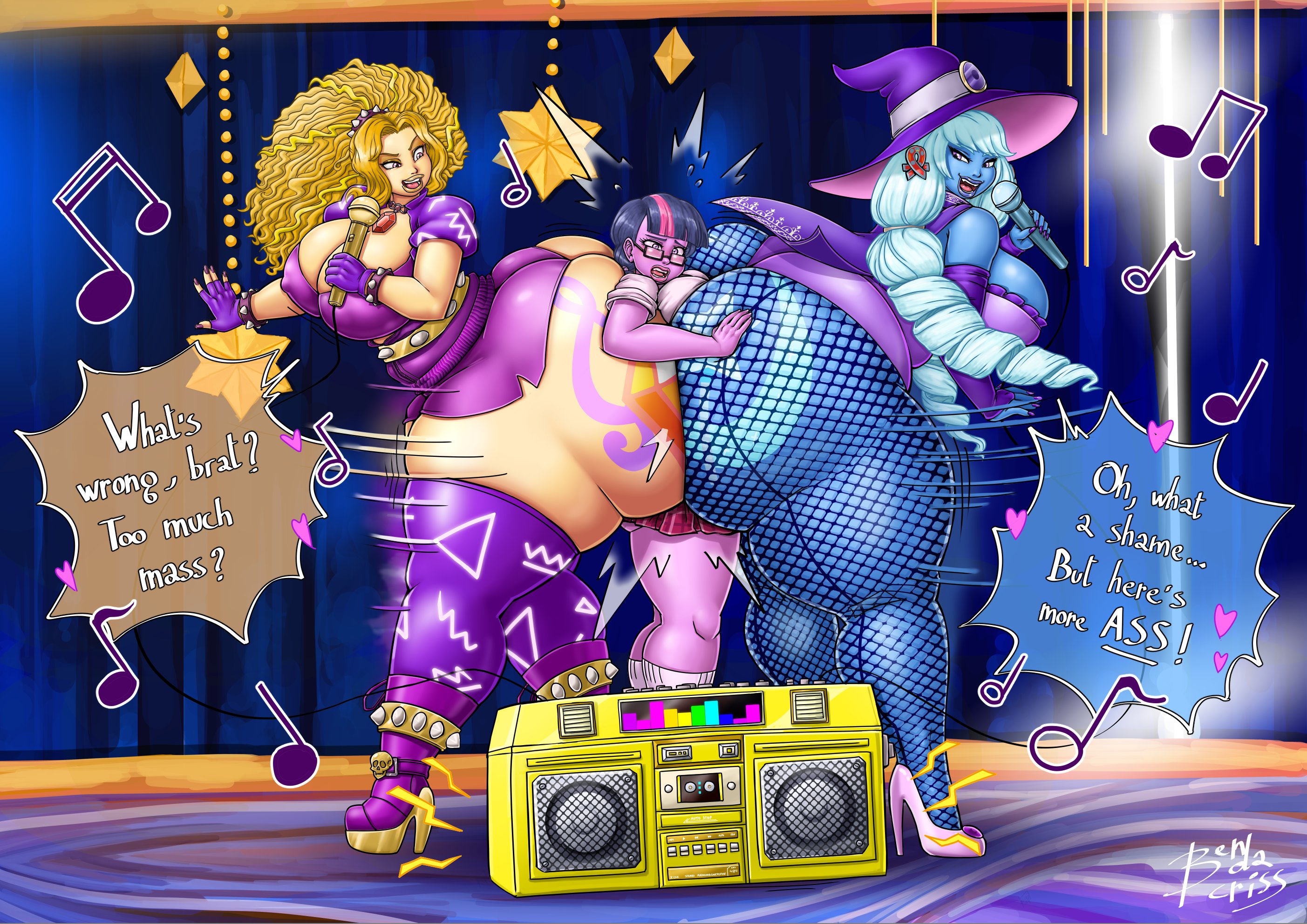 3girls, adagio dazzle, ass, ass focus, ass to ass, bendacriss, between ass, between buttocks, big ass, big breasts, big hips, big thighs, blue hair, blue skin, boombox, bottom heavy, breasts, butt squish, commission, commission art, curvaceous, curvy, curvy body, curvy female, curvy figure, enormous ass, enormous thighs, equestria girls, female, female only, fishnets, friendship is magic, gigantic ass, gigantic hips, gigantic thighs, glasses, gold boombox (prevence), hand on ass, hasbro, heart, height difference, hi res, high heels, highres, hips, huge ass, huge hips, huge thighs, hyper, hyper ass, large ass, large hips, large thighs, massive ass, massive thighs, microphone, my little pony, pear shaped female, plump, plump ass, prevence, purple eyes, purple skin, red hair, sandwiched, sci-twi, singing, size difference, text, thick ass, thick hips, thick thighs, thighs, thunder thighs, trixie (mlp), trixie lulamoon, twilight sparkle (mlp), voluptuous, wide hips