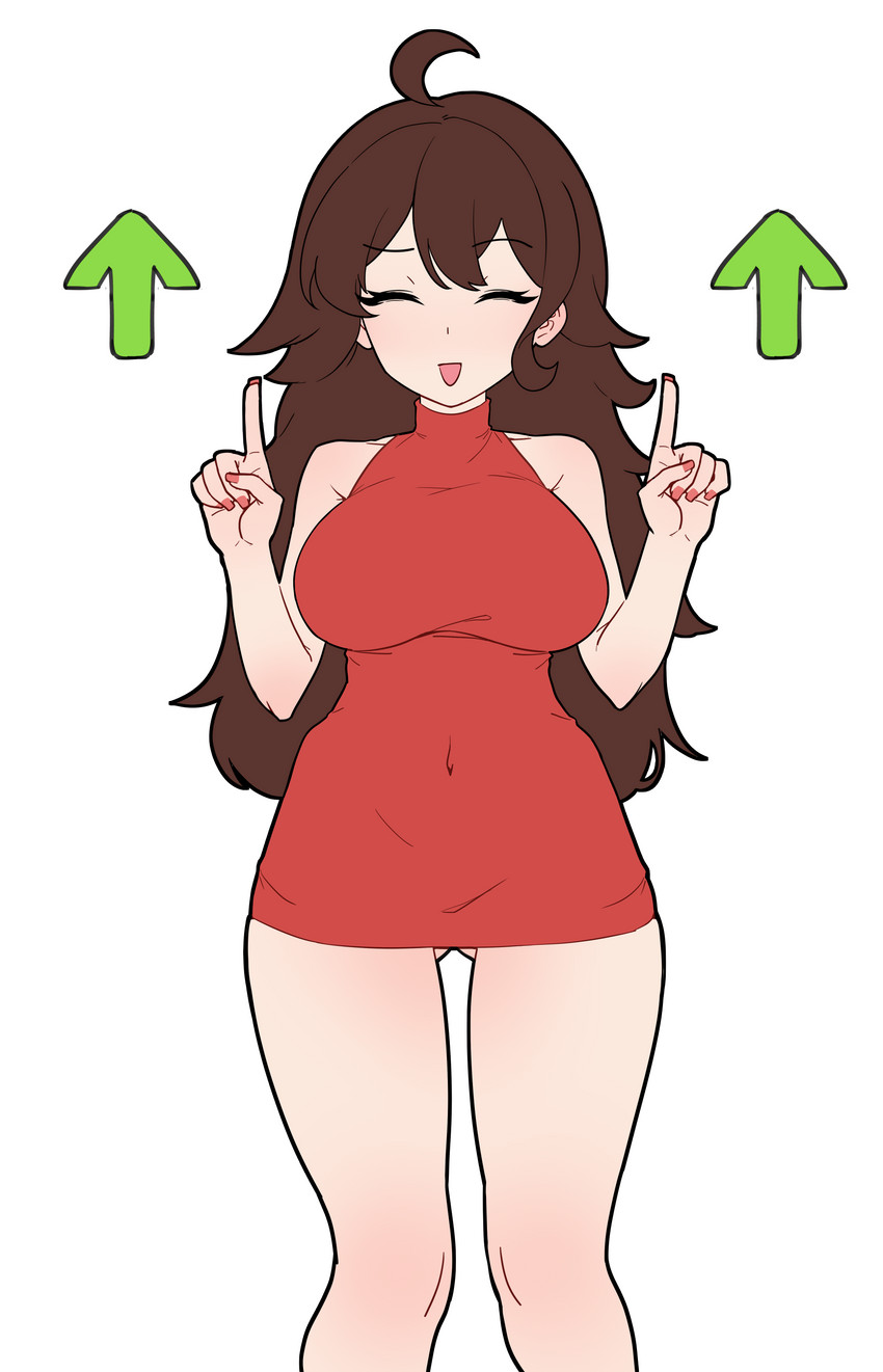 1girls, 5t (artist), ahoge, ass visible through thighs, breasts, brown hair, butt fang, closed eyes, dress, female, friday night funkin, girlfriend (friday night funkin), large breasts, medium breasts, pointing up, red dress, sleeveless, smiling, standing, thighs