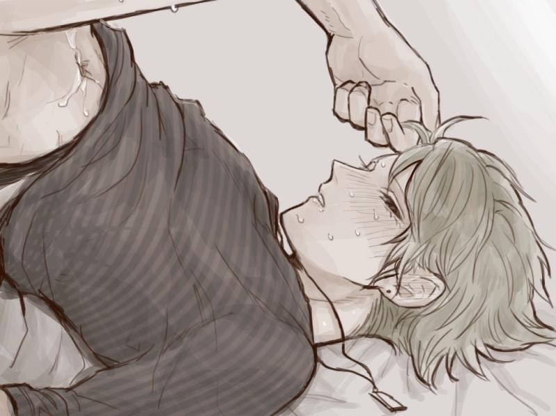 1boy, bottomless, cropped, cropped image, danganronpa, danganronpa v3, gay, green hair, implied penetration, implied sex, male, male focus, male only, male/male, necklace, on back, on bed, piercing, piercings, rantaro amami, shirt lift, smooth skin, solo, sweat, sweatdrop, sweating, twink, yaoi