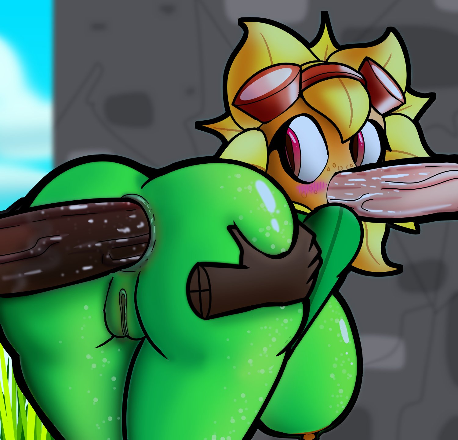 anal, anal grip, anal sex, anthro, ass, asshole, black penis, doggy style, doregami, electronic arts, female, female penetrated, green skin, human, leaf, male, oral, oral sex, penis, plant, plants vs zombies, popcap games, pussy, sex, solar flare (pvz), spitroast, sunflowers, tagme