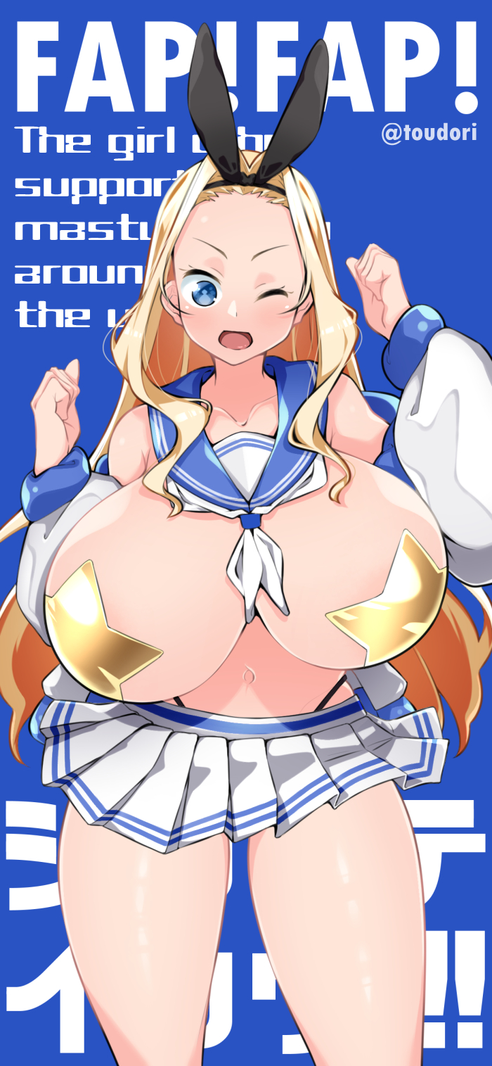 1girls, 2021, big breasts, blonde hair, blue eyes, breasts, breasts out, female, huge breasts, miniskirt, original character, pasties, star pasties, tagme, text, toudori