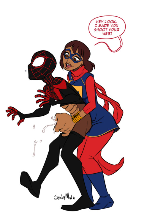 1boy, 1girls, breasts, brown hair, clothed, cum, cumming, dark skin, dark-skinned female, dark-skinned male, female, handjob, handjob from behind, hetero, interracial, jerkingoff another, kamala khan, male, male/female, marvel, marvel comics, masked female, miles morales, ms. marvel, pakistani, pakistani female, reach around, spider-man, spider-man (series), stickymon, straight hair