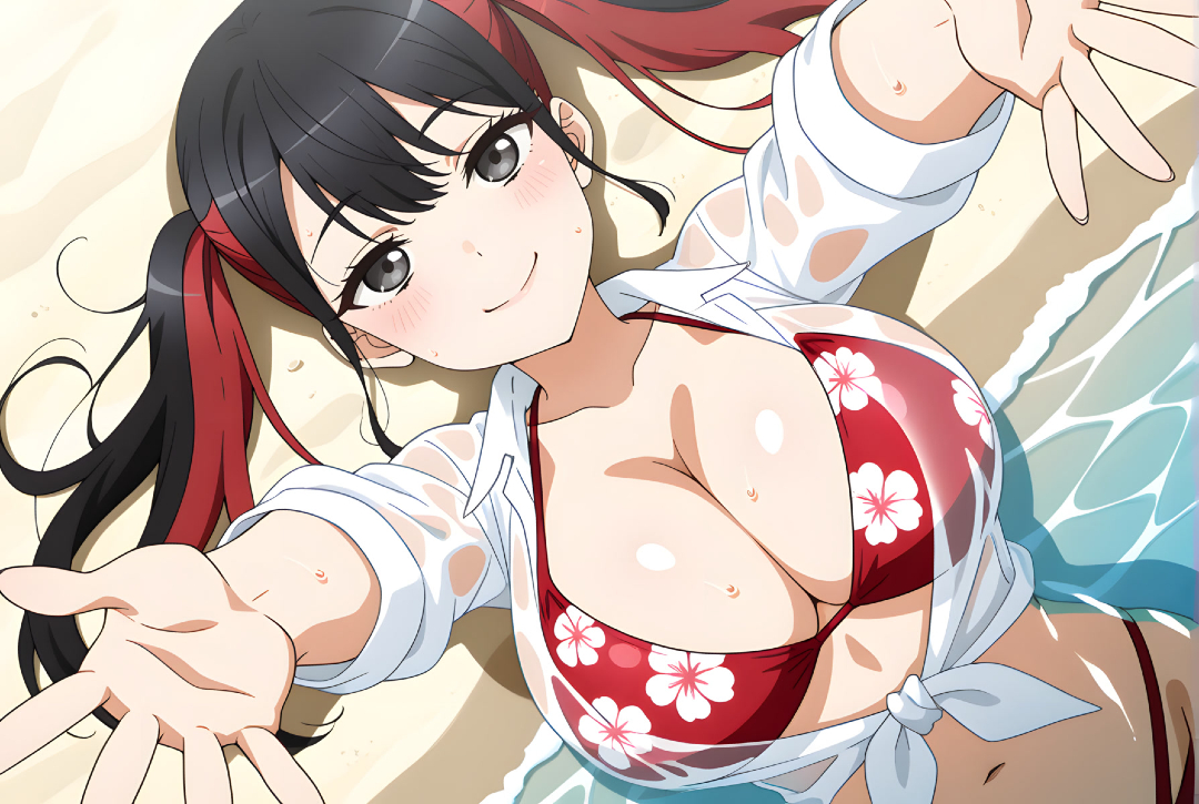 1girls, ai generated, alternate breast size, beach, bikini, black eyes, black hair, breasts, eroero waifus, female, female only, gigantic breasts, huge breasts, light skin, light-skinned female, looking at viewer, massive breasts, multicolored hair, smiling, solo, solo female, sono bisque doll wa koi wo suru, squatting, sugaya nowa, sweat, sweatdrop, thick body, thick female, twintails, voluptuous, voluptuous female