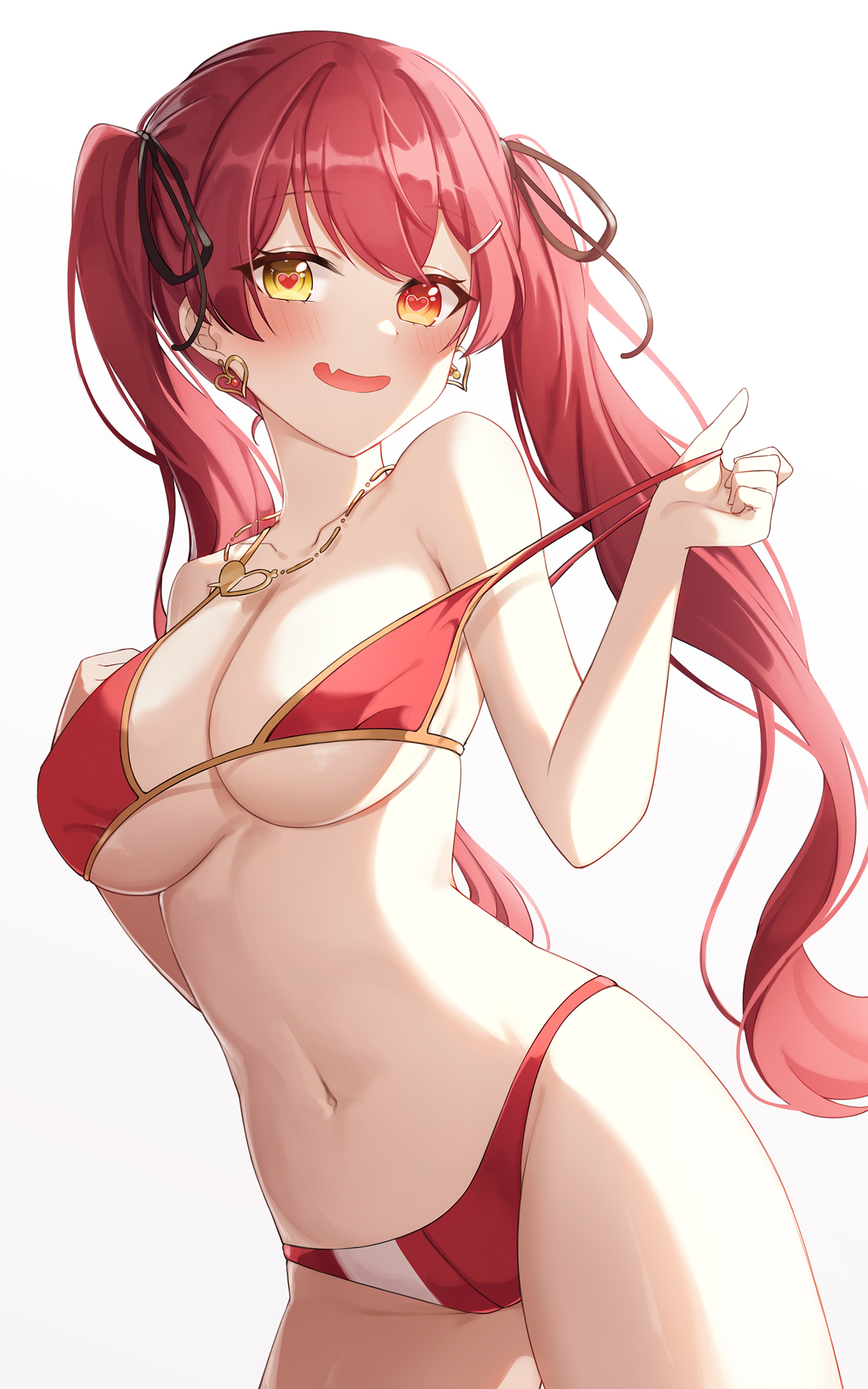 bikini, blush, bra, bra pull, g ya 170, gya (144), heart-shaped pupils, hololive, hololive fantasy, hololive japan, houshou marine, long hair, panties, red hair, smile, twintails, virtual youtuber