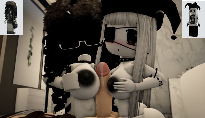 1girls, 2girls, 3d, black eyes, black hair, black nipples, black skirt, breastjob, breasts, cum, dick, eye patch, female, glasses, grabbing own breast, headless, long hair, looking at viewer, male, naked, ninjashyper2, open clothes, open shirt, penis, pov male, precum, reference image, request, roblox, roblox avatar, robloxian, room, source request, suit, titjob, white body, white hair