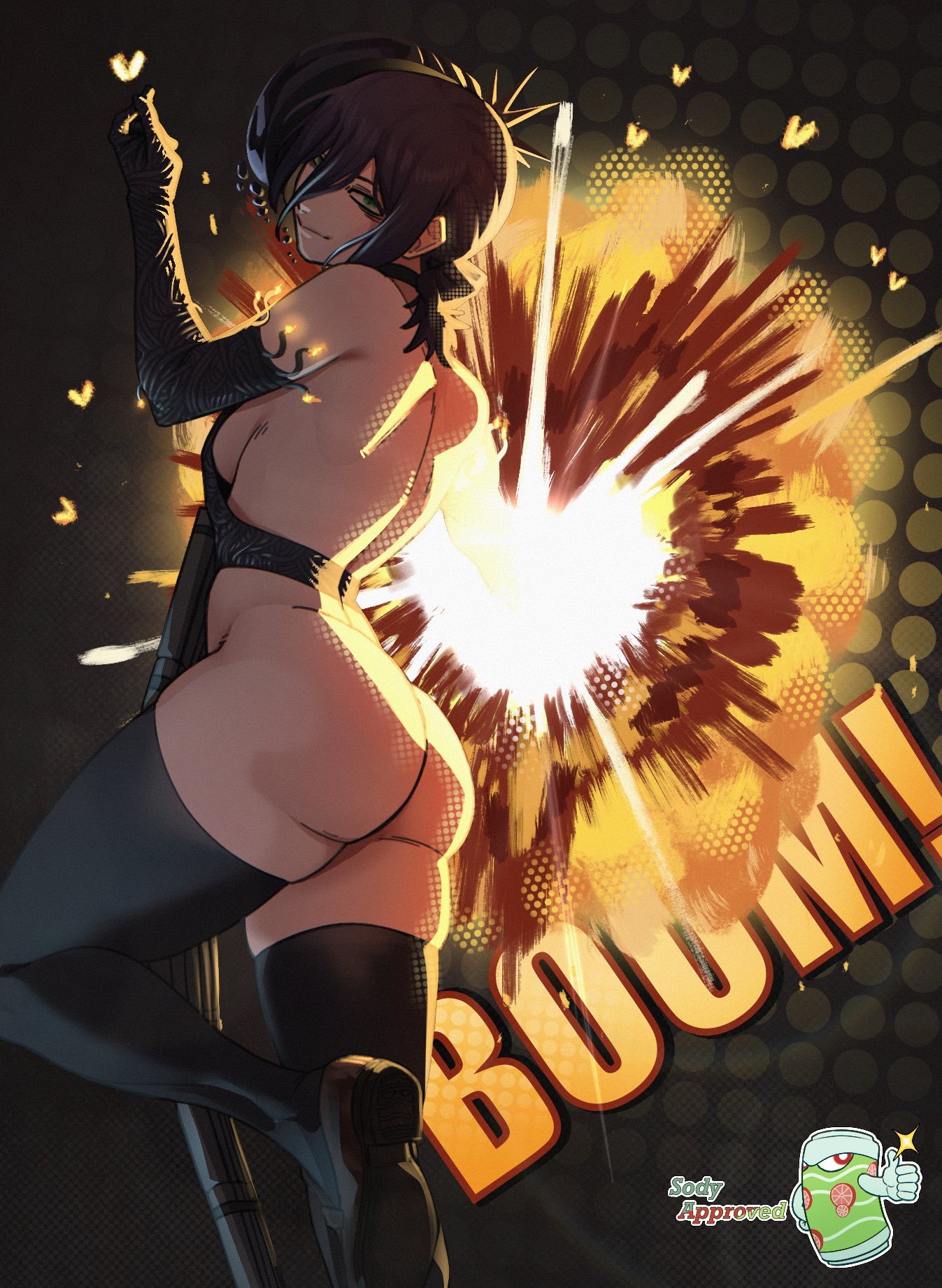 ass, ass focus, bomb devil, breasts, burnt lewds, chainsaw man, choker, female, green eyes, heart, heart symbol, incinerated art, leg up, legwear, looking at viewer, looking back, mostly nude, mostly nude female, naked, naked apron, naked female, nude, nude female, nudity, purple hair, reze (chainsaw man), sideboob, solo, solo female, solo focus, thick ass, thick thighs, thighhighs, thighs