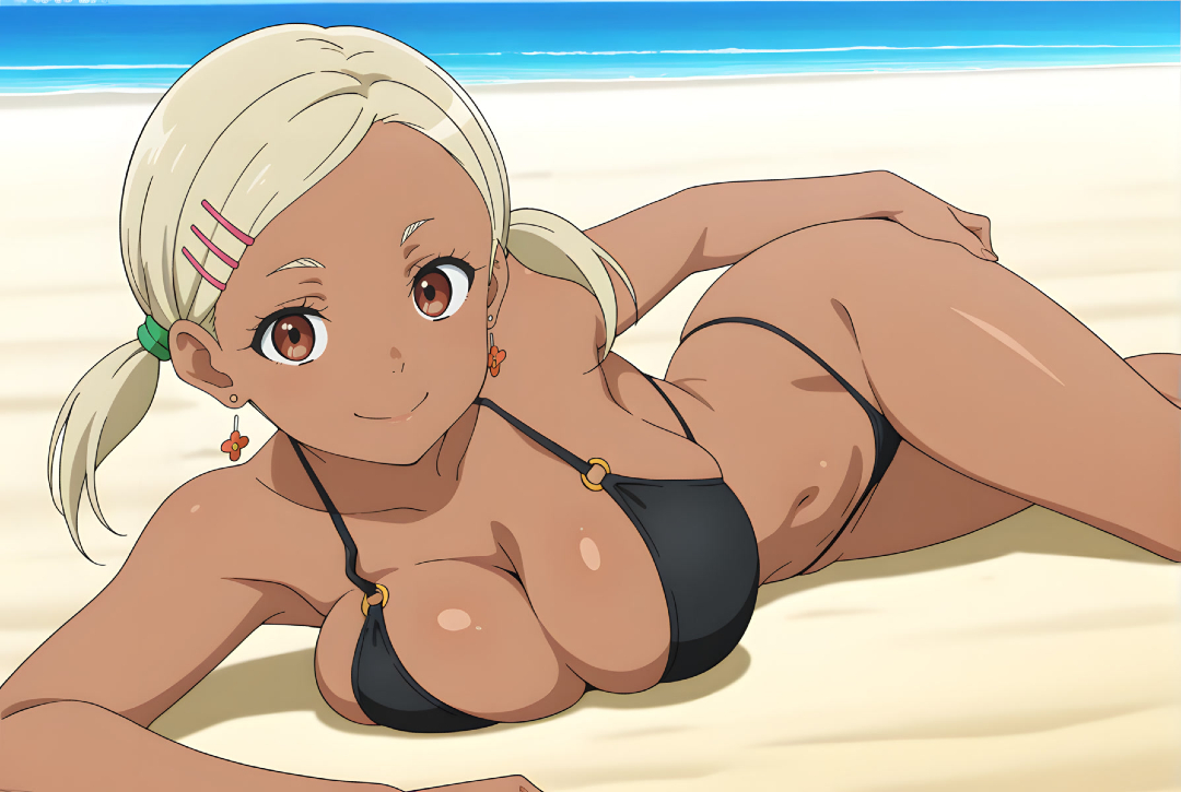 ai generated, bare thighs, beach, big breasts, bikini, blonde hair, breasts, brown eyes, dandadan, dark skin, dark-skinned female, eroero waifus, female, gyaru, huge breasts, huge thighs, looking at viewer, massive breasts, muko (dandadan), shounen jump+, smiling, solo female, squatting, sweat, sweatdrop, thick body, thick female, thick thighs, thighs, twintails, voluptuous, voluptuous female