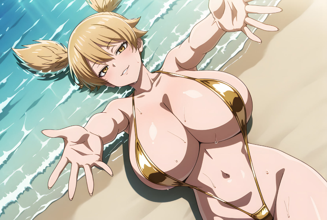ai generated, beach, blonde hair, breasts, eroero waifus, female, gigantic breasts, golden eyes, huge breasts, light skin, light-skinned female, looking at viewer, massive breasts, momokusa yomogi, sling bikini, slingshot swimsuit, smiling, solo female, squatting, sweat, sweatdrop, thick body, thick female, tougen anki, twin buns, voluptuous, voluptuous female