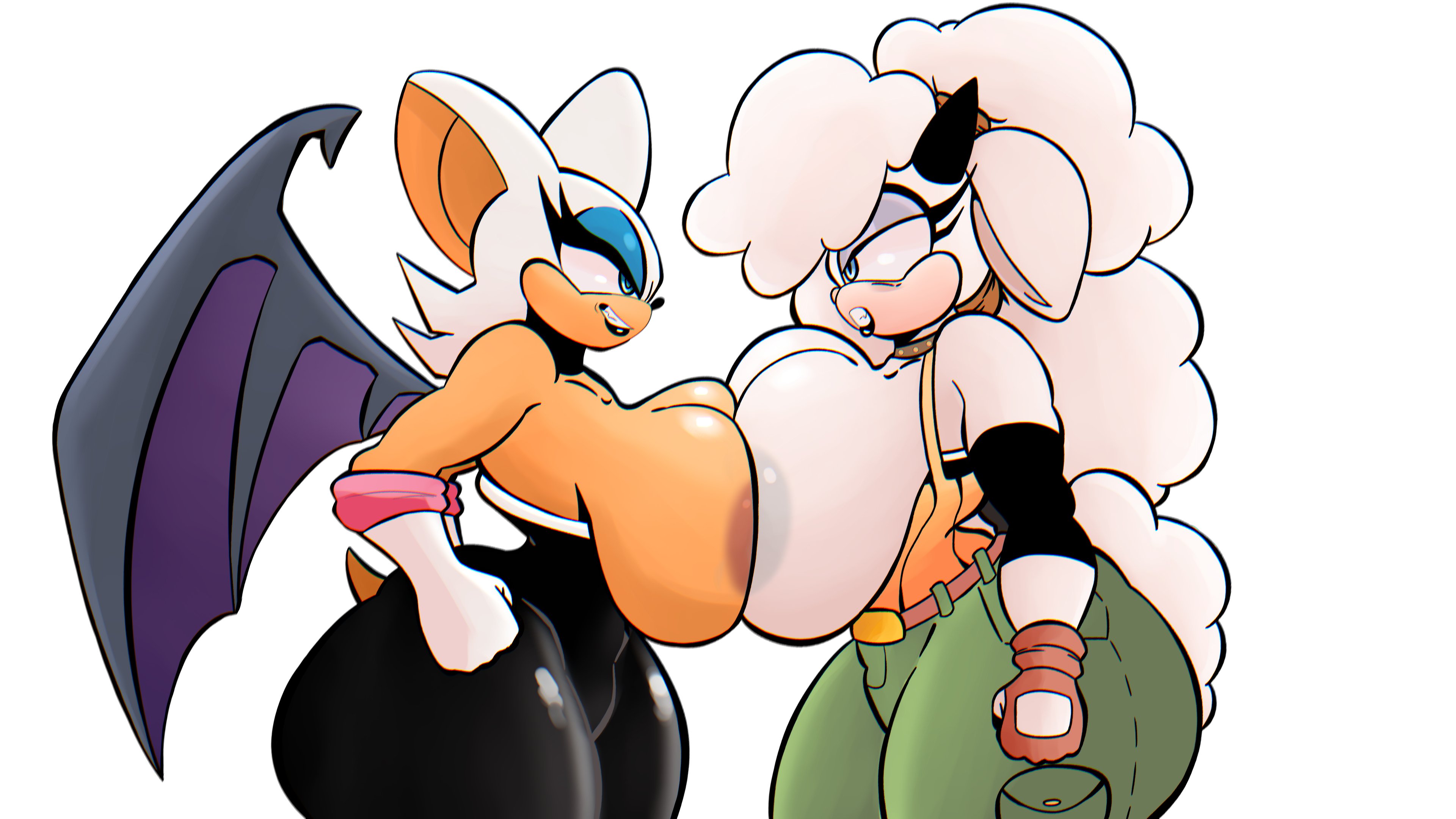 2girls, absurd res, absurd resolution, absurdres, akiman pose, angry, annoyed, annoyed expression, anthro, anthro female, anthro focus, anthro l, anthro only, areola, areolae, ass, bare shoulders, bat girl, bat humanoid, big ass, big breasts, black bodysuit, black clothing, black lips, black lipstick, black pants, blue eyes, blue eyeshadow, bodysuit, breast focus, breast press, breast squish, breast to breast, breasts, breasts focus, breasts to breasts, breasts touching, busty, catfight, curvaceous, curvy, curvy female, curvy figure, eyelashes, eyeshadow, fangs, female, female anthro, female focus, female only, female/female, furry, furry female, gelycall, gloves, hi res, high resolution, highres, huge breasts, humanoid, idw comics, idw publishing, lanolin the sheep, lanolin the sheep (sonic), large breasts, lipstick, long eyelashes, makeup, mobian (species), rouge the bat, sega, sheep, sheep girl, sheep humanoid, side view, sideass, simple background, sonic (series), sonic the hedgehog (comics), sonic the hedgehog (idw), sonic the hedgehog (series), staredown, tagme, thick thighs, thighs, voluptuous, voluptuous female, white background, white body, white fur, white gloves, white hair, wings, yuri
