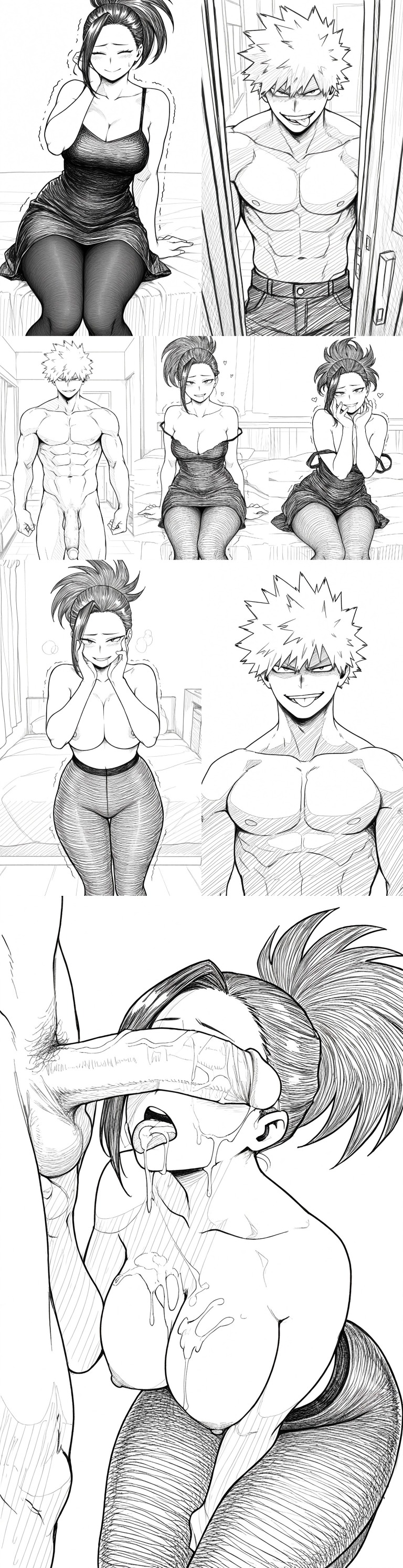 1boy, 1girls, ai generated, bakugou katsuki, black hair, blonde hair, blowjob, boku no hero academia, cum, cum in mouth, cum on face, dress, dripping, dripping cum, evil grin, evil smile, female, heart, heart-shaped pupils, huge cock, katsuki bakugou, large penis, male, manga, manga page, manga style, momo yaoyorozu, monochrome, multiple images, multiple panels, muscles, muscular, muscular male, my hero academia, nipples, pantyhose, penis, pixai, sitting, smiling at viewer, smirk, smug, story, trembling, yaoyorozu momo