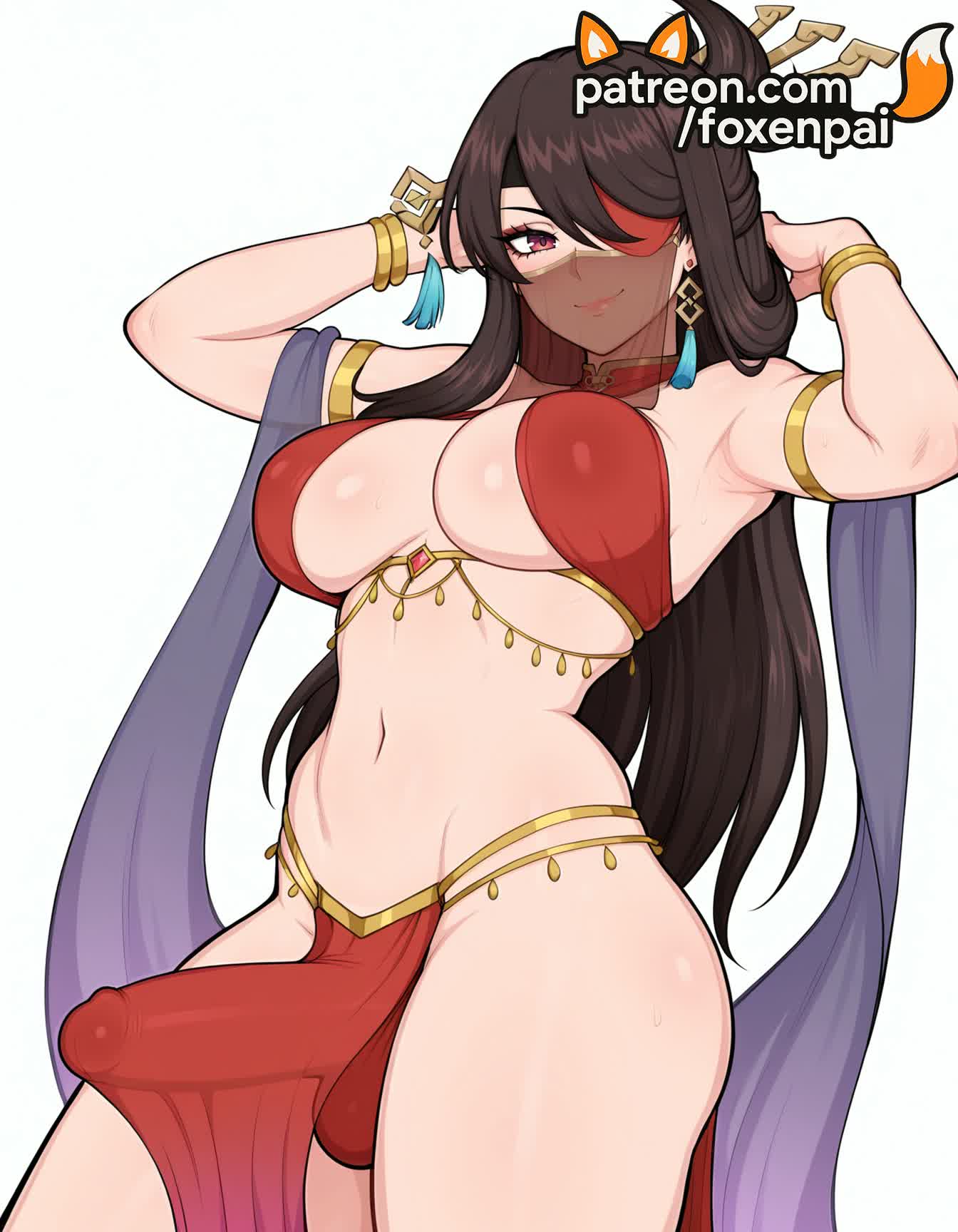 1futa, 2025, ai generated, armpits, artist name, beidou (genshin impact), bracelet, breasts, bulge, bust, chest, cock, dick, earrings, erection, eyepatch, foxenpai, futanari, genshin impact, hi res, high quality, high resolution, highres, intersex, jewelry, long hair, looking at viewer, navel, patreon, patreon username, pelvic curtain, penis, smile, solo, stable diffusion, watermark