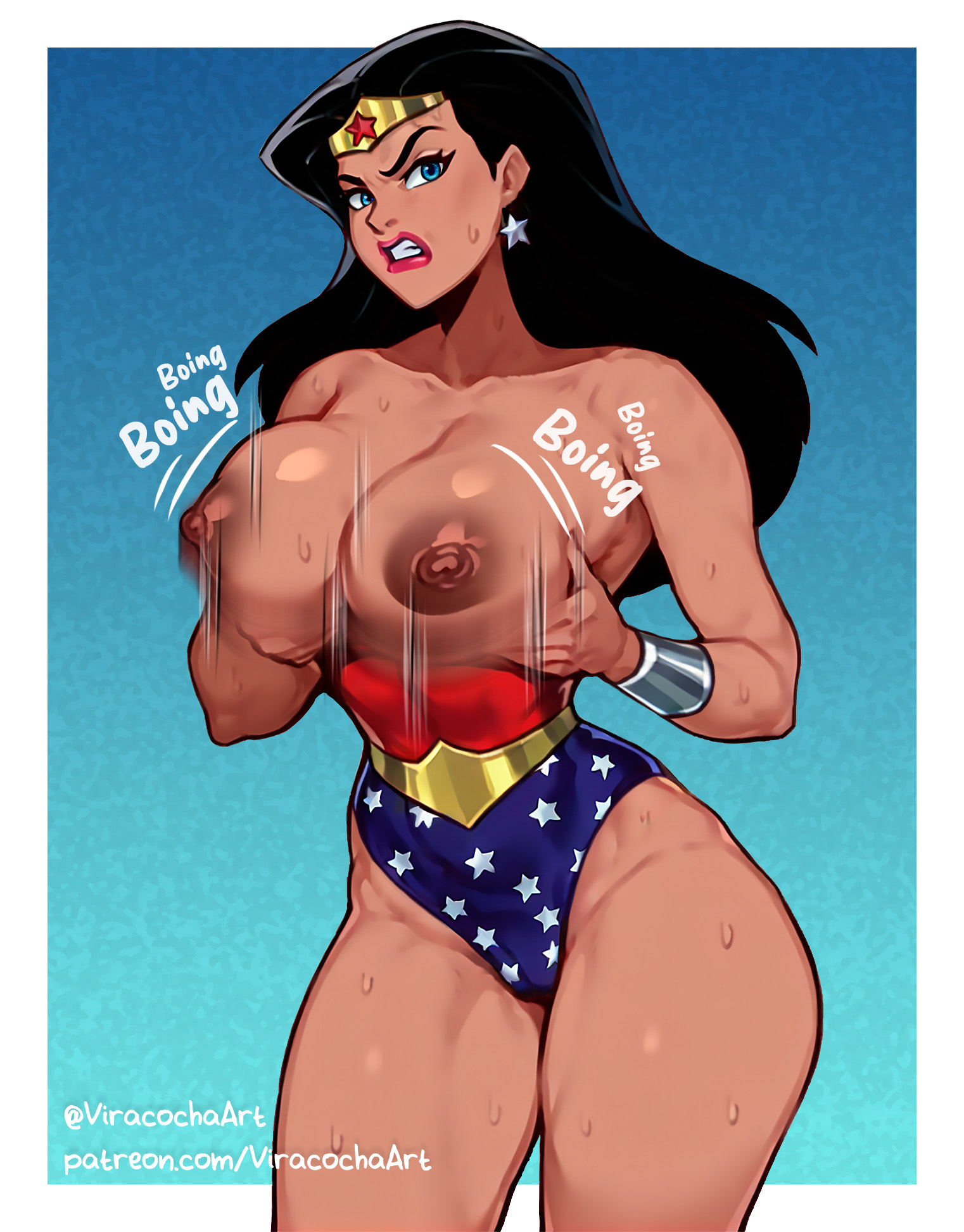 ai assisted, ai generated, angry expression, angry face, big breasts, black hair, boobs out, breasts, dc, dc comics, digital drawing (artwork), female, flashing, flashing breasts, forced, huge breasts, leotard, long hair, nipples, nipples outside, playing with breasts, seductive, semi nude, superheroine, viracochaart, wonder woman, wonder woman (series)