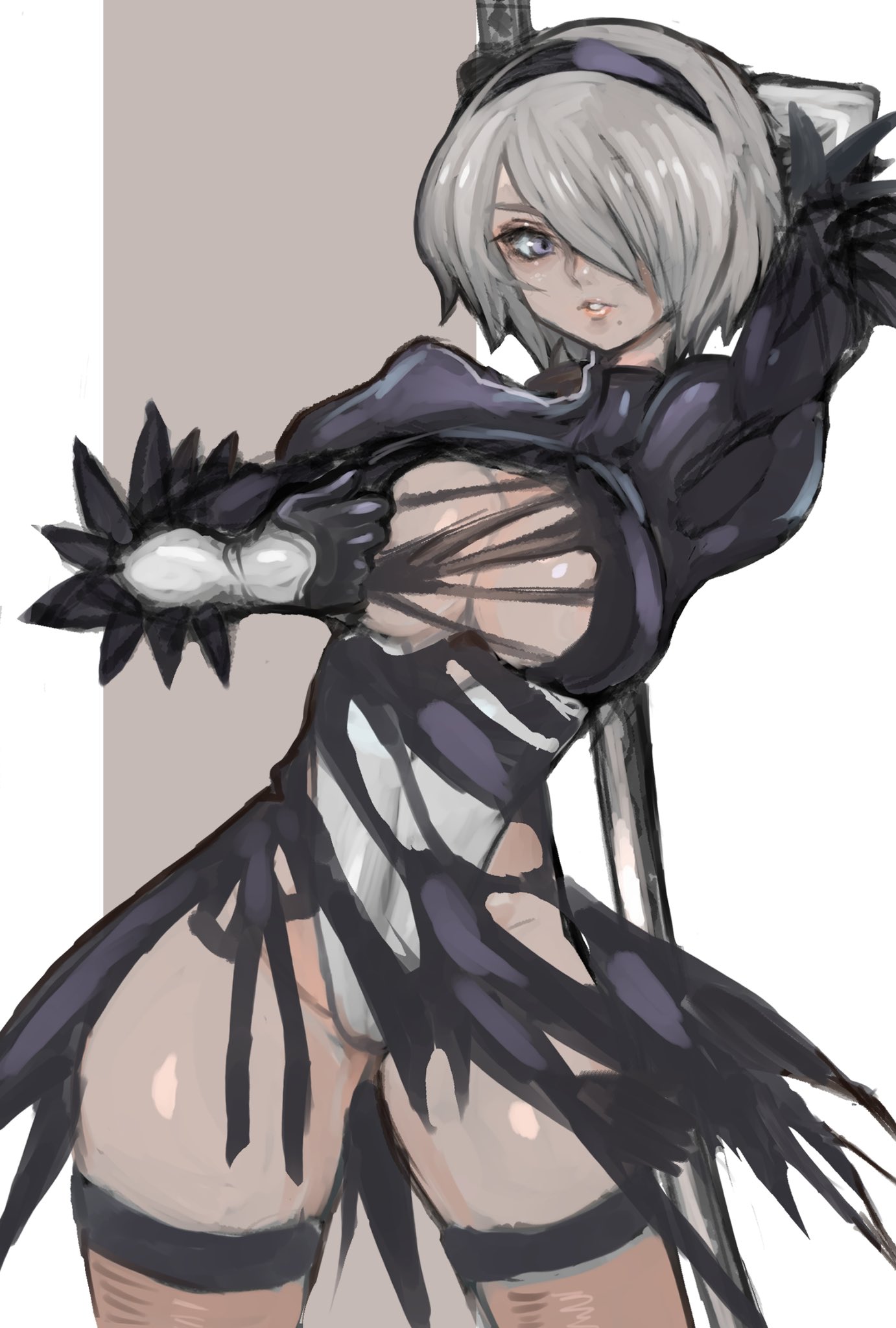 black dress, breasts, cleavage, dakusuta, dress, female, female only, grey eyes, grey hair, hair over one eye, highres, holding, holding sword, holding weapon, large breasts, leotard, looking at viewer, nier (series), nier: automata, short hair, simple background, solo, sword, torn clothes, torn dress, weapon, white background, white leotard, yorha 2b