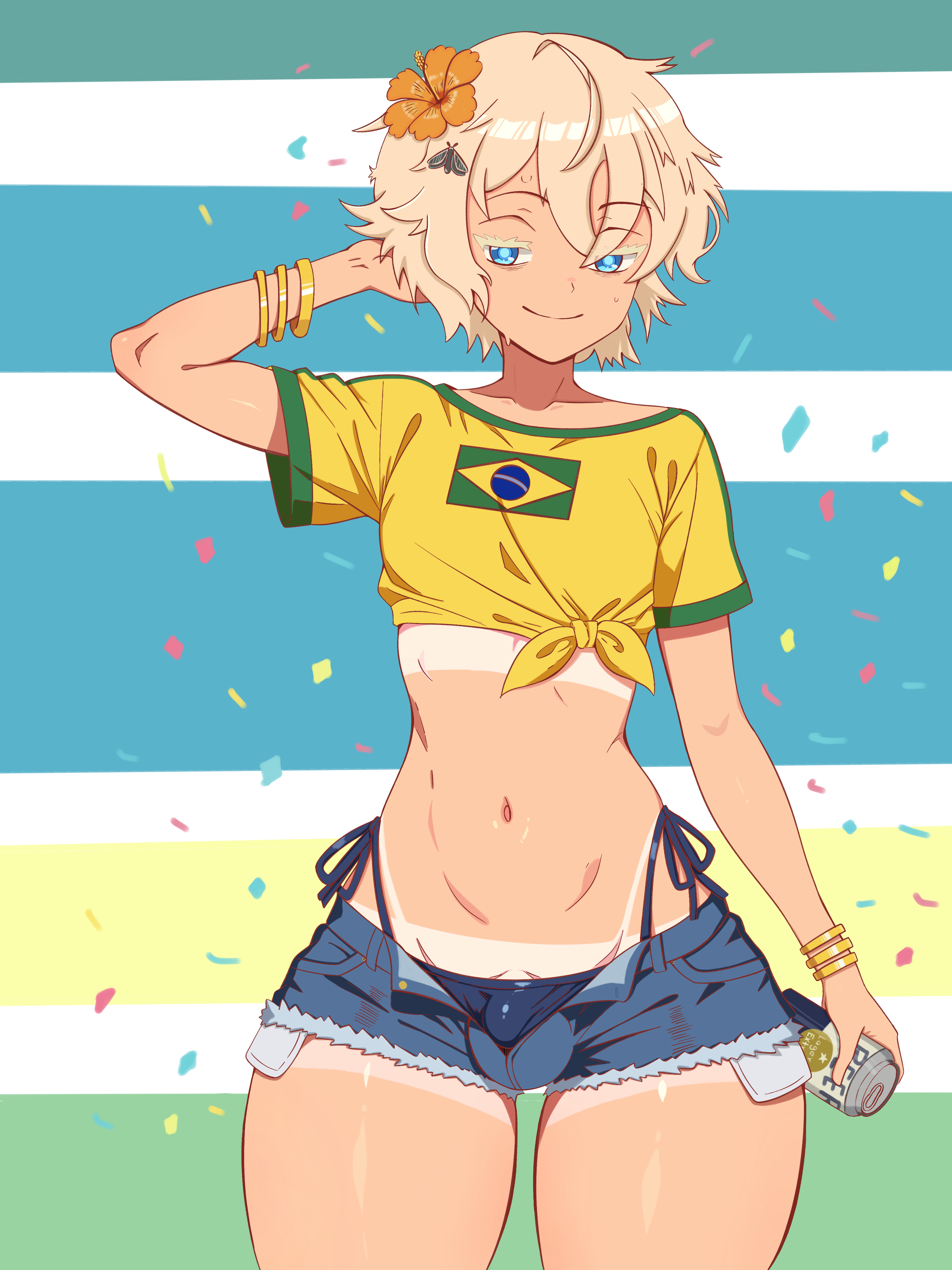 1boy, beer, blonde hair, blue eyes, brazilian miku (cosplay), bulge, bulge through clothing, femboy, jean shorts, male, original character, tanned, thick thighs, thong