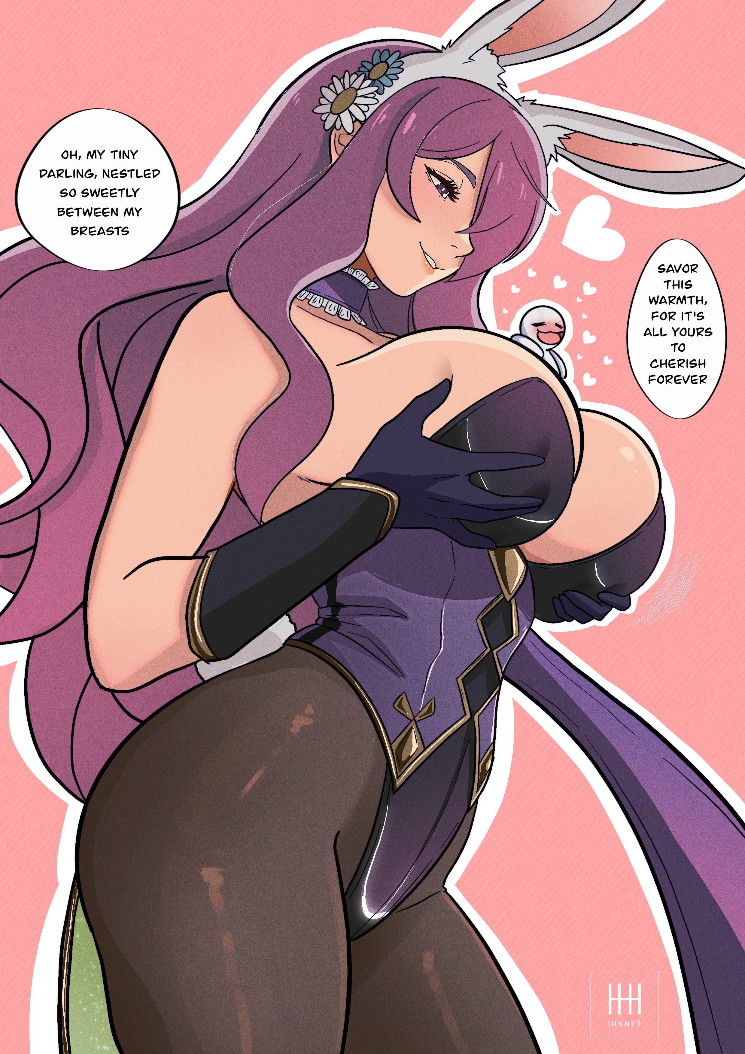 big breasts, breasts, bunny girl, bunnysuit, camilla (fire emblem), female, fire emblem, giant female, giantess, gigantic breasts, gloves, holding breasts, ihsnet, kiran (fire emblem), pantyhose, purple gloves, smile, text, text bubble, thighs