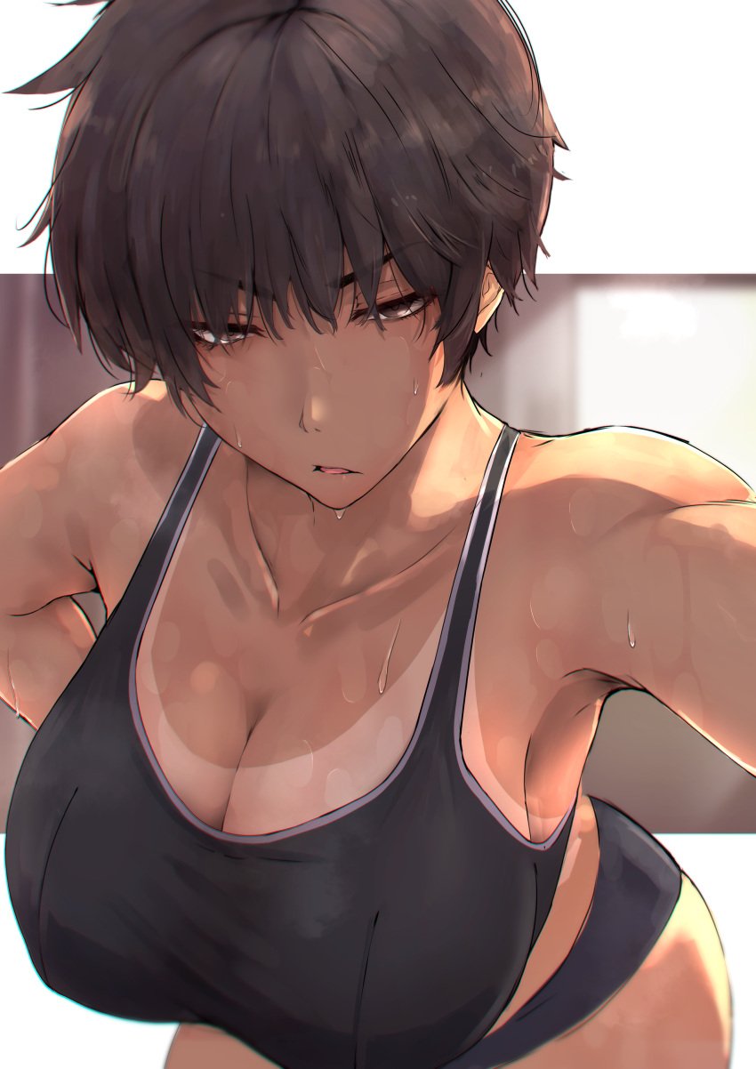 1girls, absurd res, alpha-type, breasts, brown hair, cleavage, dark skin, defined tanline, female, fit, fit female, from above, gym clothes, highres, huge breasts, original, safe, sfw, short hair, solo, solo female, sweat, sweatdrop, sweating, sweaty, tan lines, tanline, thighs, tomboy, very short hair
