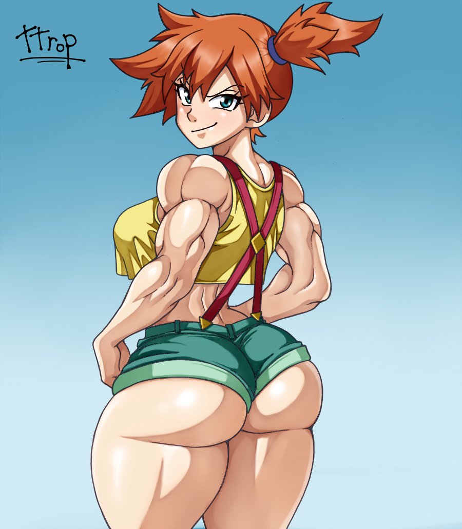 alternate muscle size, alternative bust size, artist name, ass, asymmetrical hair, back, bare arms, biceps, blue background, blue eyes, breasts, closed mouth, cowboy shot, crop top, denim, denim shorts, eyebrows, female, from behind, gradient, gradient background, green shorts, hands on hips, hands on own hips, huge ass, kasumi (pokemon), large ass, large breasts, looking at viewer, looking back, median furrow, medium breasts, muscles, muscular, muscular female, orange hair, pokemon, pokemon (anime), pokemon (classic anime), pokemon rgby, ponytail, shirt, short hair, short shorts, shorts, side ponytail, sleeveless, smile, smirk, smug, solo, standing, suspender shorts, suspenders, tank top, thick ass, thick thighs, thighs, tied hair, ttrop, underbutt, v-shaped eyebrows, yellow shirt, yellow tank top