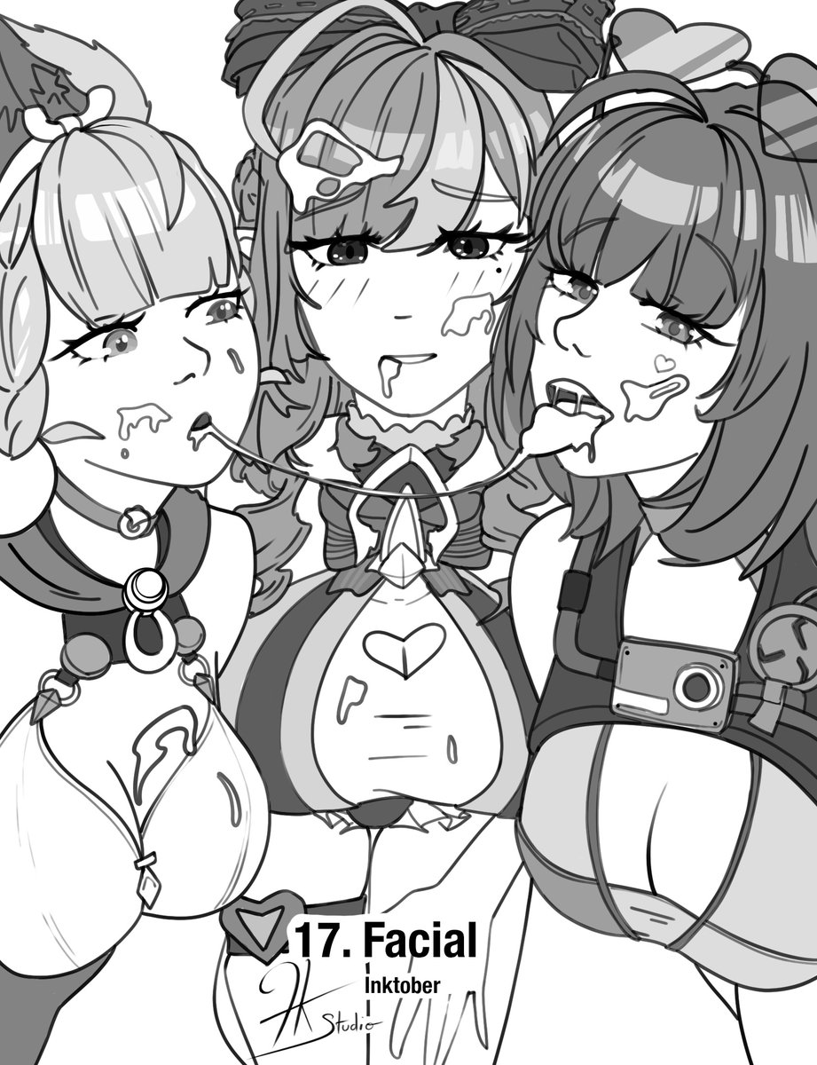 3girls, alice thymefield, alice thymefield (sea of thyme), breasts, cum, cum on body, cum on breasts, cum on face, cum swap, facial, female, female focus, female only, fkstudio, french kiss studio, greyscale, hoyoverse, inktober, kinktober, kinktober 2025, lewdtober, looking at viewer, official alternate costume, one-piece swimsuit, semen, sketch, swimsuit, ukinami yuzuha, ukinami yuzuha (tanuki in broad daylight), vivian (zenless zone zero), vivian banshee, vivian banshee (iris of the shore), zenless zone zero