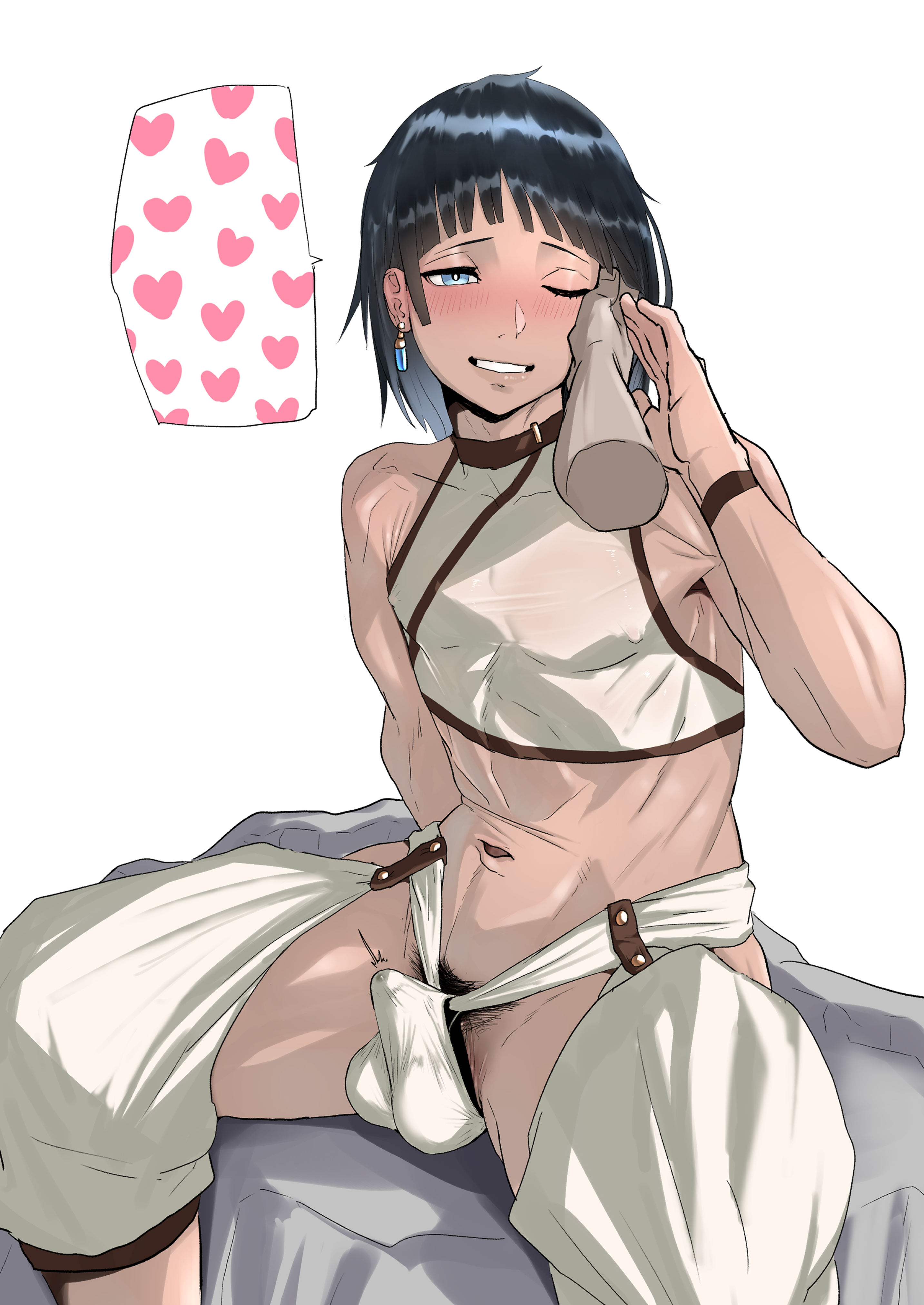 athletic male, blush, caressing face, disembodied hand, earrings, erection, femboy, fit, fundoshi, male, male only, otoko no ko, penis, ponzu 0419, precum through clothing, pubic hair, sitting, small penis, trap