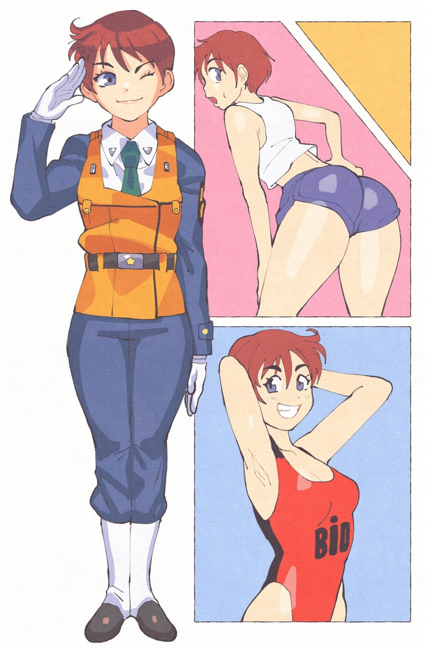 auburn hair, big ass, booty, booty shorts, inkerton-kun, inkuusan, leotard, noa izumi, patlabor, police, police uniform, policewoman, red hair, short hair, swimsuit, tomboy, very short hair