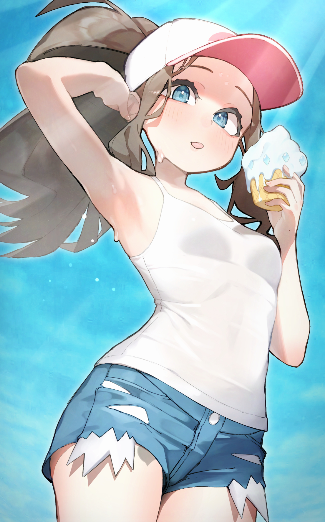 1girls, arm up, armpits, bare shoulders, blue eyes, blush, breasts, brown hair, casteliacone, cutoffs, denim, denim shorts, exposed pocket, female, female only, food, hat, high ponytail, highres, hilda (pokemon), holding, holding food, holding ice cream, ice cream, ice cream cone, long hair, looking at viewer, nintendo, pokemon, pokemon bw, ponytail, rindoriko, shirt, short shorts, shorts, sidelocks, solo, sweat, sweatdrop, tank top, tongue, tongue out, white shirt, white tank top