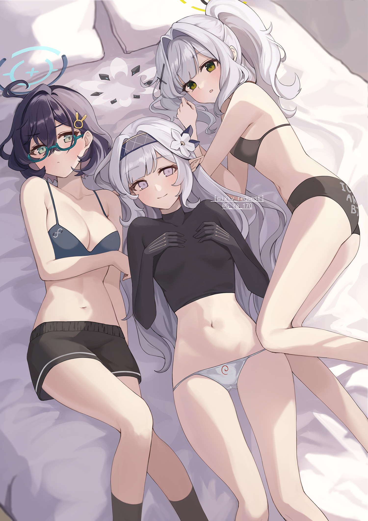 3girls, bed, blue archive, chihiro (blue archive), female, g ya 170, gya (144), hare (blue archive), himari (blue archive), light skin, light-skinned female, lying, lying on bed, millennium science school student, on bed, super phenomenon task force (blue archive), veritas (blue archive)