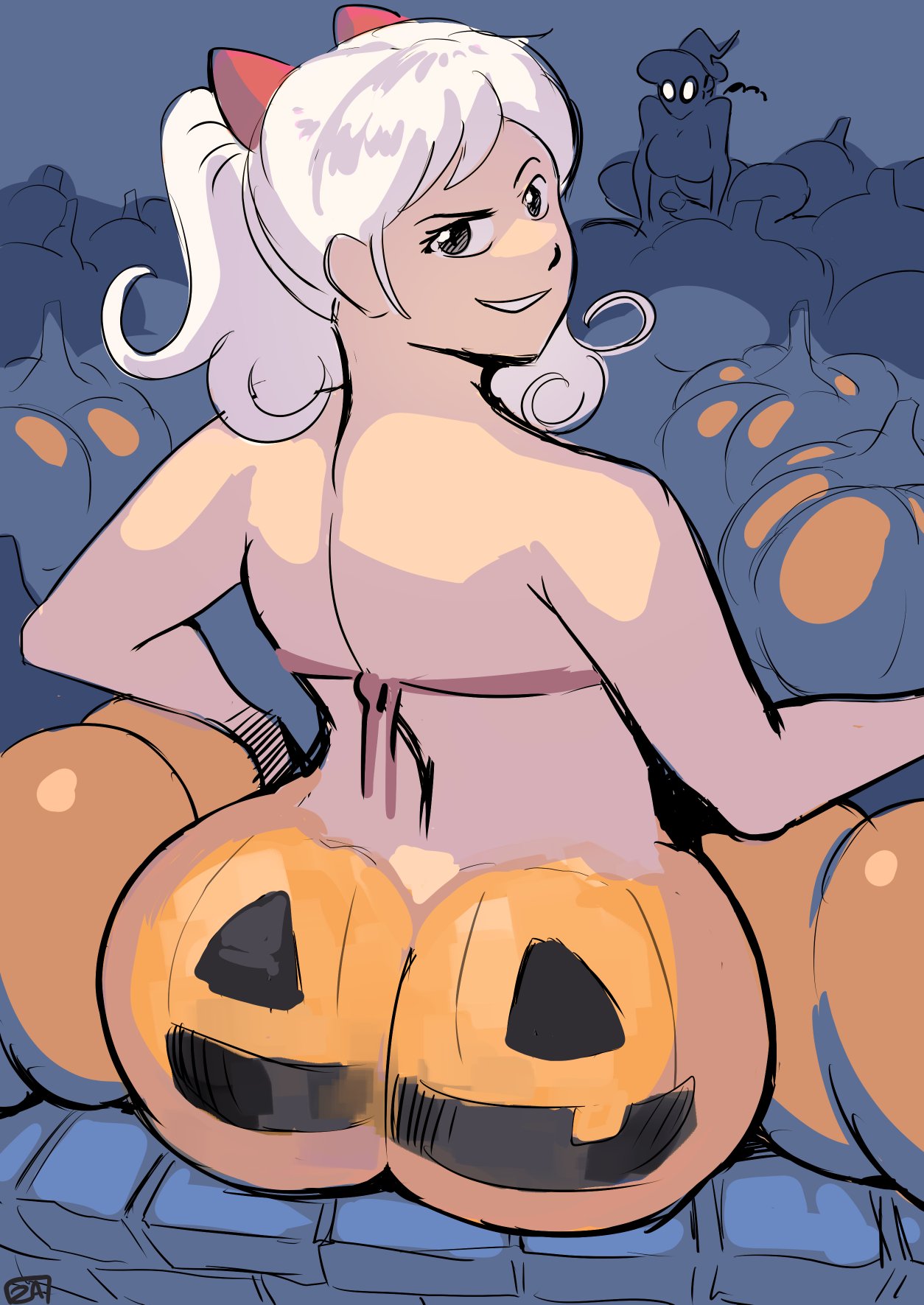 1futa, 1girls, ass, background character, claire (zestysauce), fat ass, female, futanari, grey eyes, halloween, intersex, looking at viewer, looking back, looking over shoulder, painted, painted ass, pumpkin, pumpkin ass, pumpkin butt, shadowy figure, sitting, smirk, smug, smug face, solo focus, tako (zestysauce), white hair, zestysauce
