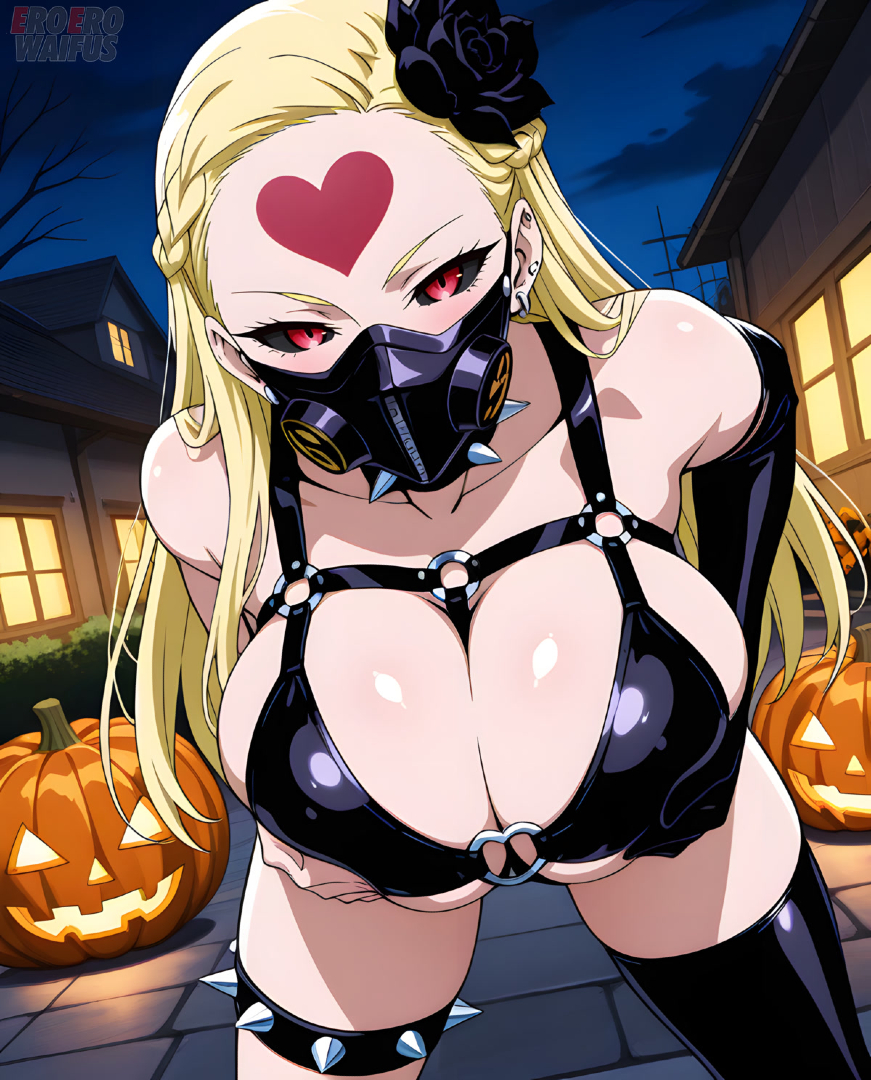 ai generated, bare thighs, black eyes, blonde hair, breasts, breasts squeeze, eroero waifus, female, flower in hair, gigantic breasts, halloween, huge breasts, huge thighs, kaijin hime do-s, light skin, light-skinned female, long hair, looking at viewer, masked female, massive breasts, monster girl, one-punch man, red pupils, seductive look, solo female, squatting, sweat, sweatdrop, thick body, thick female, thick thighs, thighs, voluptuous, voluptuous female