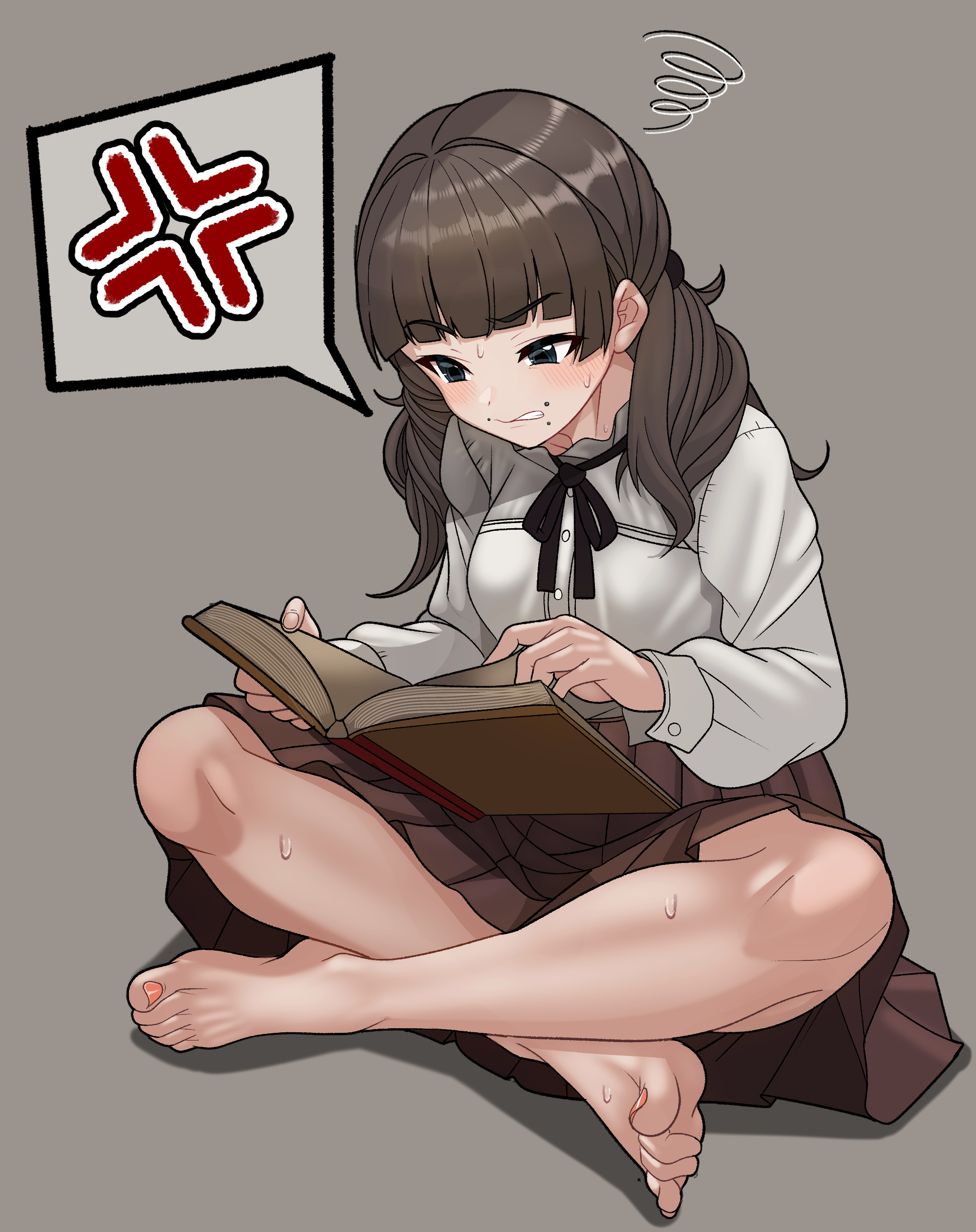 anger vein, angry, annoyed, barefoot, blouse, brown hair, dickgirl, dickgirl only, dress shirt, fear and hunger, fear and hunger: termina, feet, foot fetish, full body, fully clothed, lip piercing, long hair, marina (fear and hunger), minami no uoza, monroe piercing, reading, reading book, sitting, snakebite piercing, solo, sweat