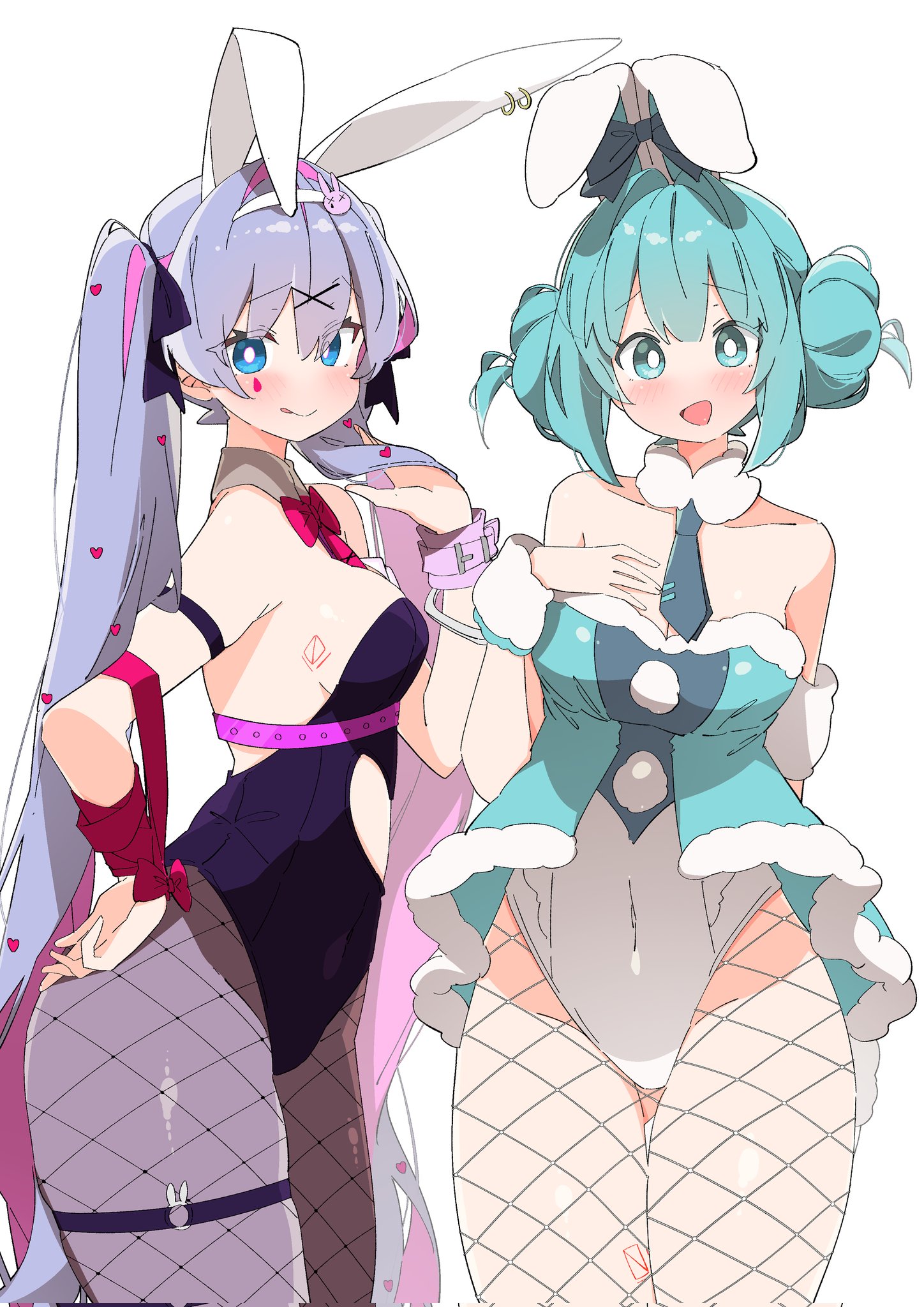 2girls, animal ears, aqua eyes, aqua hair, bangs, bare shoulders, big breasts, black leotard, blue eyes, blue hair, blush, bow, bowtie, breasts, bright pupils, bunny ears, bunny girl, bunny tail, bunnysuit, cleavage, closed mouth, collarbone, covered navel, cowboy shot, detached collar, double bun, ear ribbon, fake animal ears, female, fishnet pantyhose, fishnets, fur trim, hair bun, hair ornament, hairband, hand on hip, hand on own chest, hand up, hatsune miku, heart, huge breasts, huge thighs, leotard, long hair, looking at viewer, medium breasts, multiple girls, navel, necktie, open mouth, pantyhose, pink hair, playboy bunny, purple hair, rabbit, rabbit ears, rabbit girl, rabbit hair ornament, rabbit hole (vocaloid), rabbit humanoid, red bow, ribbon, short necktie, simple background, smile, standing, strapless, strapless leotard, tattoo, thigh gap, thighs, tongue, tongue out, twintails, uruti 2388, very long hair, vocaloid, white background, white pupils, wrist cuffs, x hair ornament