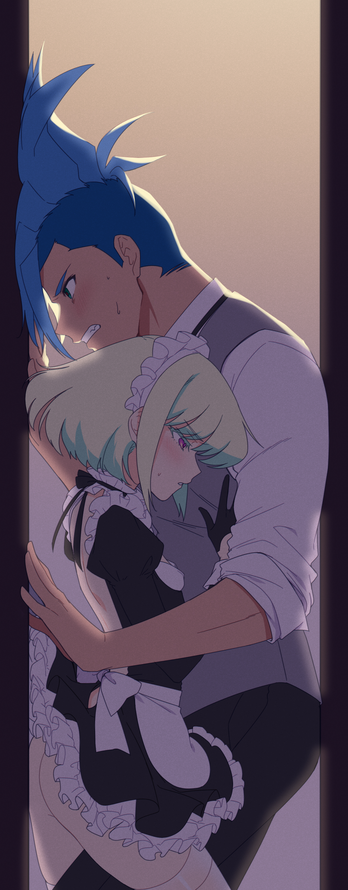 2boys, androgynous, ass, bob cut, burrrntlemon, crossdressing, embarrassed, femboy, galo thymos, gay, lio fotia, maid, maid headdress, maid outfit, maid uniform, male, petite, petite body, petite male, promare, short hair, size difference, twink, yaoi