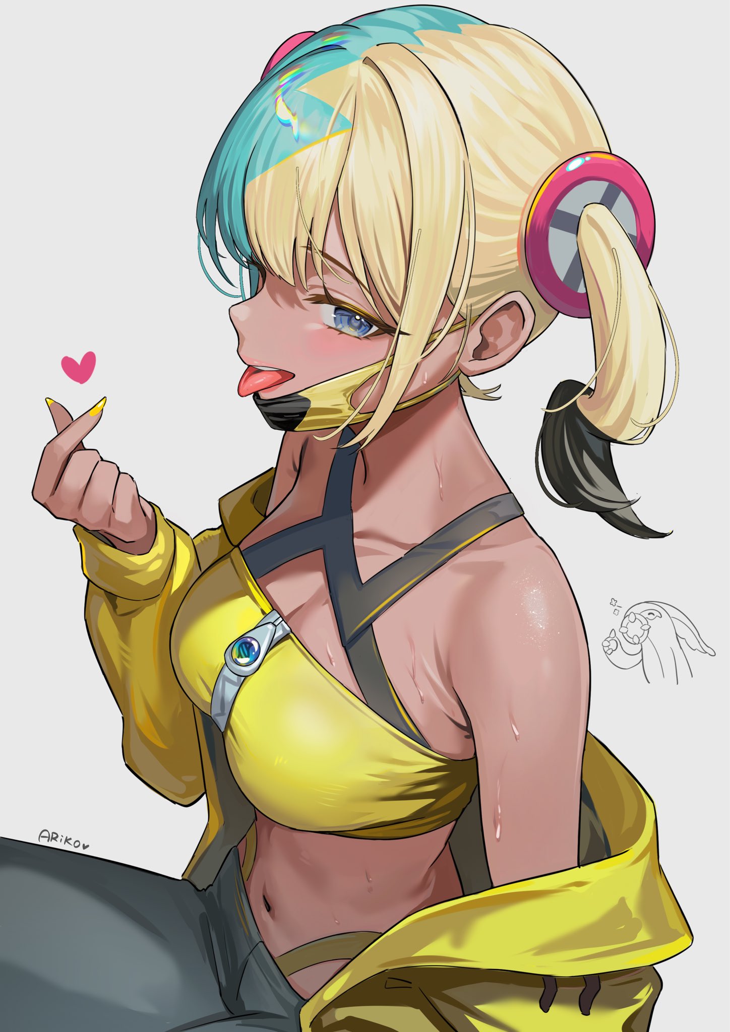 1girls, aqua hair, ariko (aaaaarik), armpit crease, bandeau, blonde hair, blue eyes, breasts, canari (pokemon), canary (pokemon), cleavage, collarbone, commentary, criss-cross halter, crop top, dark skin, dark-skinned female, female, female only, finger heart, game freak, grey pants, gyaru, hair ornament, halterneck, heart, highleg, highres, jacket, kusogaki, large breasts, long hair, long sleeves, looking at viewer, mask, mask pull, midriff, mouth mask, multicolored hair, nail polish, navel, nintendo, off shoulder, open clothes, open jacket, open mouth, pants, pokemon, pokemon legends: z-a, shirt, short twintails, simple background, sleeveless, sleeveless shirt, smile, solo, split-color hair, stomach, streamer, streetwear, sweat, tongue, tongue out, twintails, two-tone hair, white background, yellow bandeau, yellow jacket, yellow nails, yellow shirt, zipper pull tab