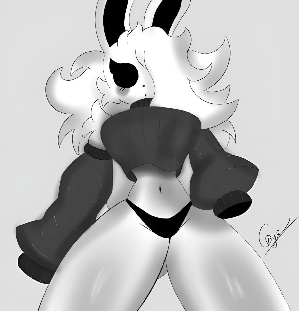 :o, black and white, black eyes, black nose, black panties, bunny girl, cube 459 (geometry dash), edit, edited art, female, female only, femgram, geometry dash, mrgange, white body, white eyes, white hair