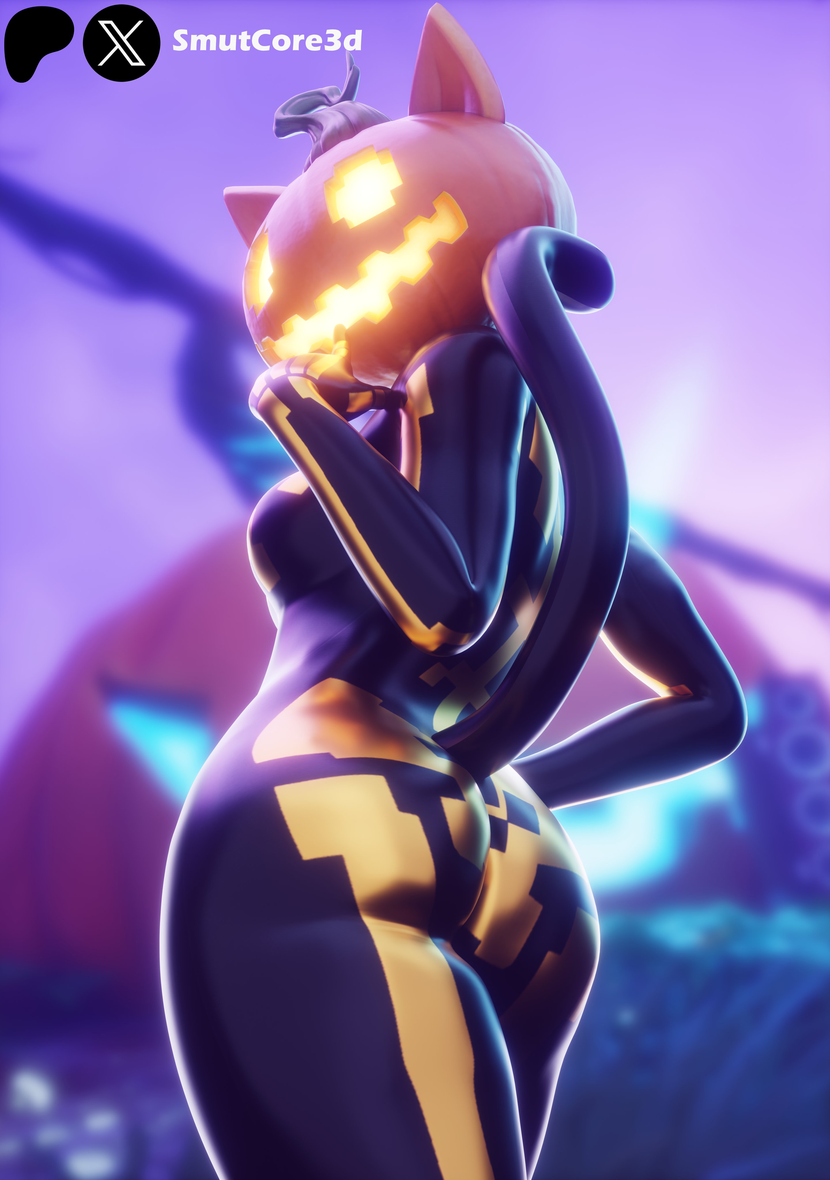 1girls, 2025, 3d, anthro, artist name, ass, ass focus, back view, big ass, bodysuit, breasts, cat ears, cat girl, cat tail, catgirl, child bearing hips, female, female anthro, female only, fortnite, glowing eyes, halloween, hourglass figure, humanoid, looking at viewer, looking back, looking down, monster, monster girl, non-human, outdoors, presenting, presenting hindquarters, pumpkin, pumpkin head, skin tight, smutcore3d, solo, spice (fortnite), standing, tail, thick thighs, thighs, video games, wide hips