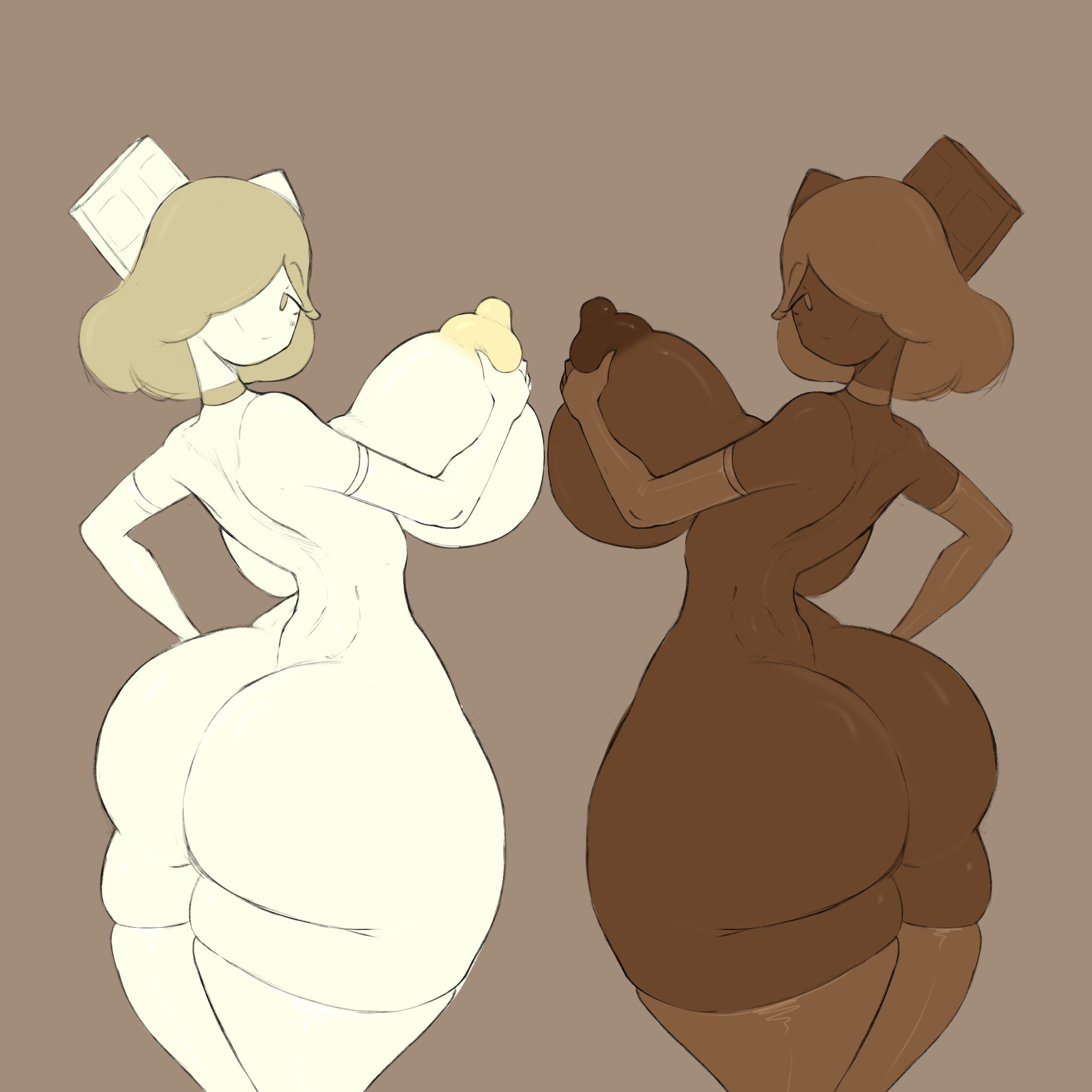 2girls, areolae, arm sleeves, boobs, breasts, chocolate, chocolate bar, choker, collar, elbow gloves, female, hair covering eye, hair over one eye, holding breast, megamor, nipples, oc, ornament, short hair, simple background, smile, smiling, stockings, white chocolate