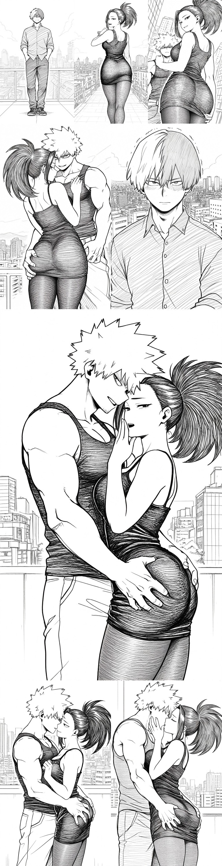 1boy, 1girls, ai generated, bakugou katsuki, black hair, blonde hair, blowjob, boku no hero academia, cheating, cuckold, cuckolding, evil grin, evil smile, female, french kiss, katsuki bakugou, kissing, male, manga, manga page, manga style, momo yaoyorozu, monochrome, multiple images, multiple panels, muscles, muscular, muscular male, my hero academia, netorare, ntr, pantyhose, pixai, romantic, shouto todoroki, sitting, smiling at viewer, smirk, smug, story, todoroki shouto, trembling, yaoyorozu momo