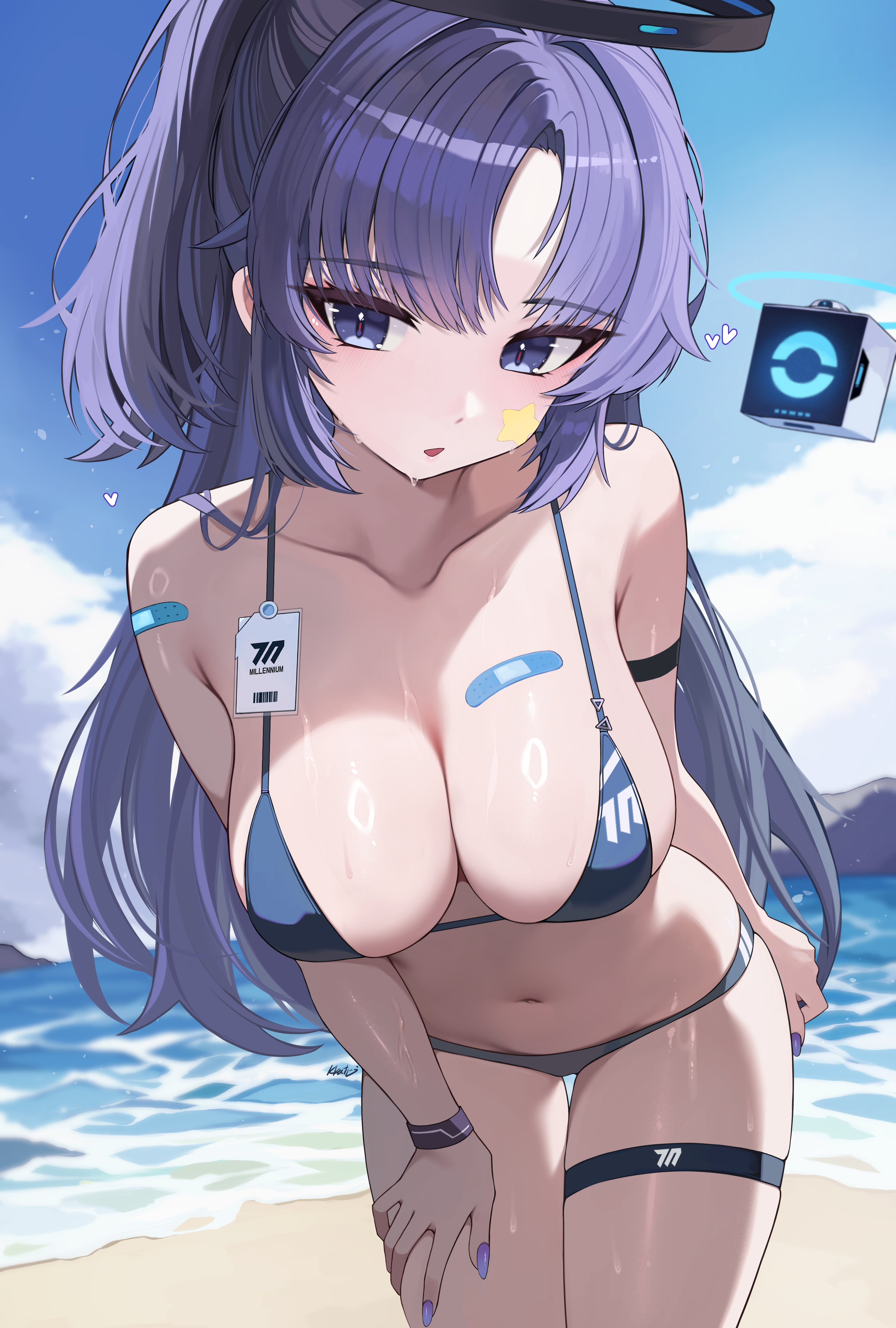 1girls, beach, bikini, blue archive, breasts, female, kkato, leaning forward, long hair, looking at viewer, outside, purple eyes, purple hair, solo, swimsuit, yuuka (blue archive)